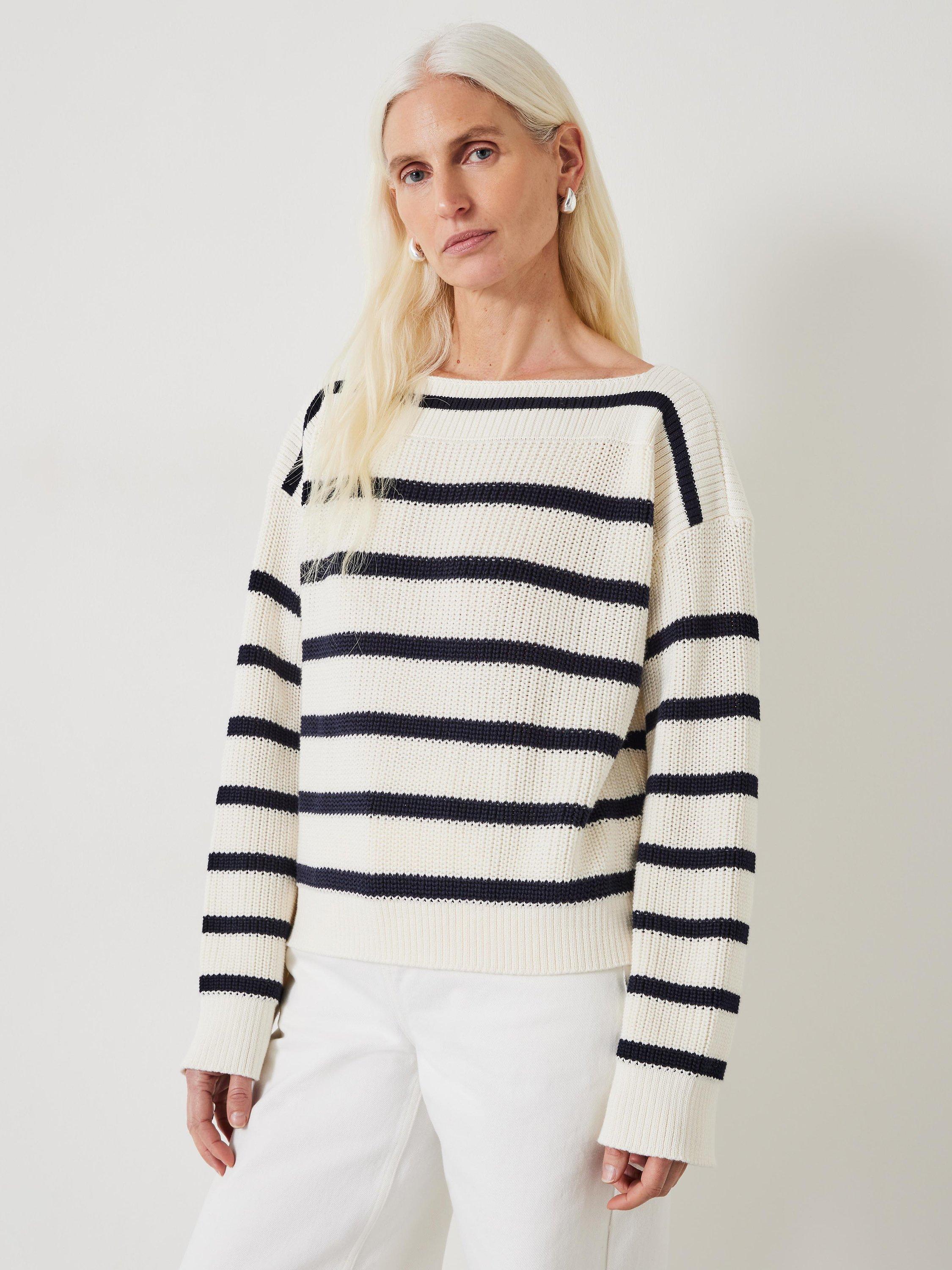 Product image 1 of 5, which shows HUSH  Aubrey Ribbed Open Knit Jumper, Ecru / Navy Stripe, XXS