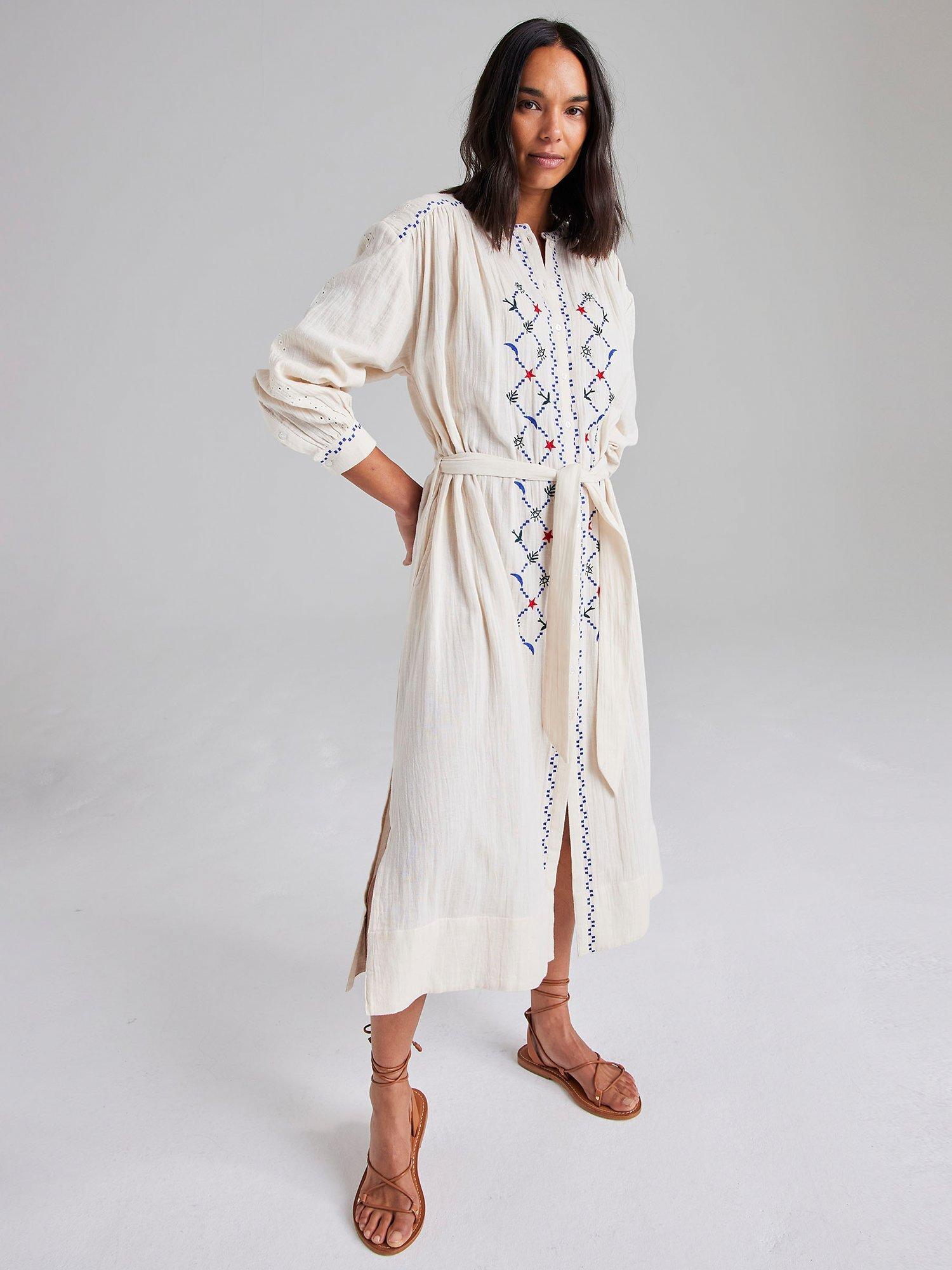 Cape Cove Contrast Embroidered Midi Dress, Cream