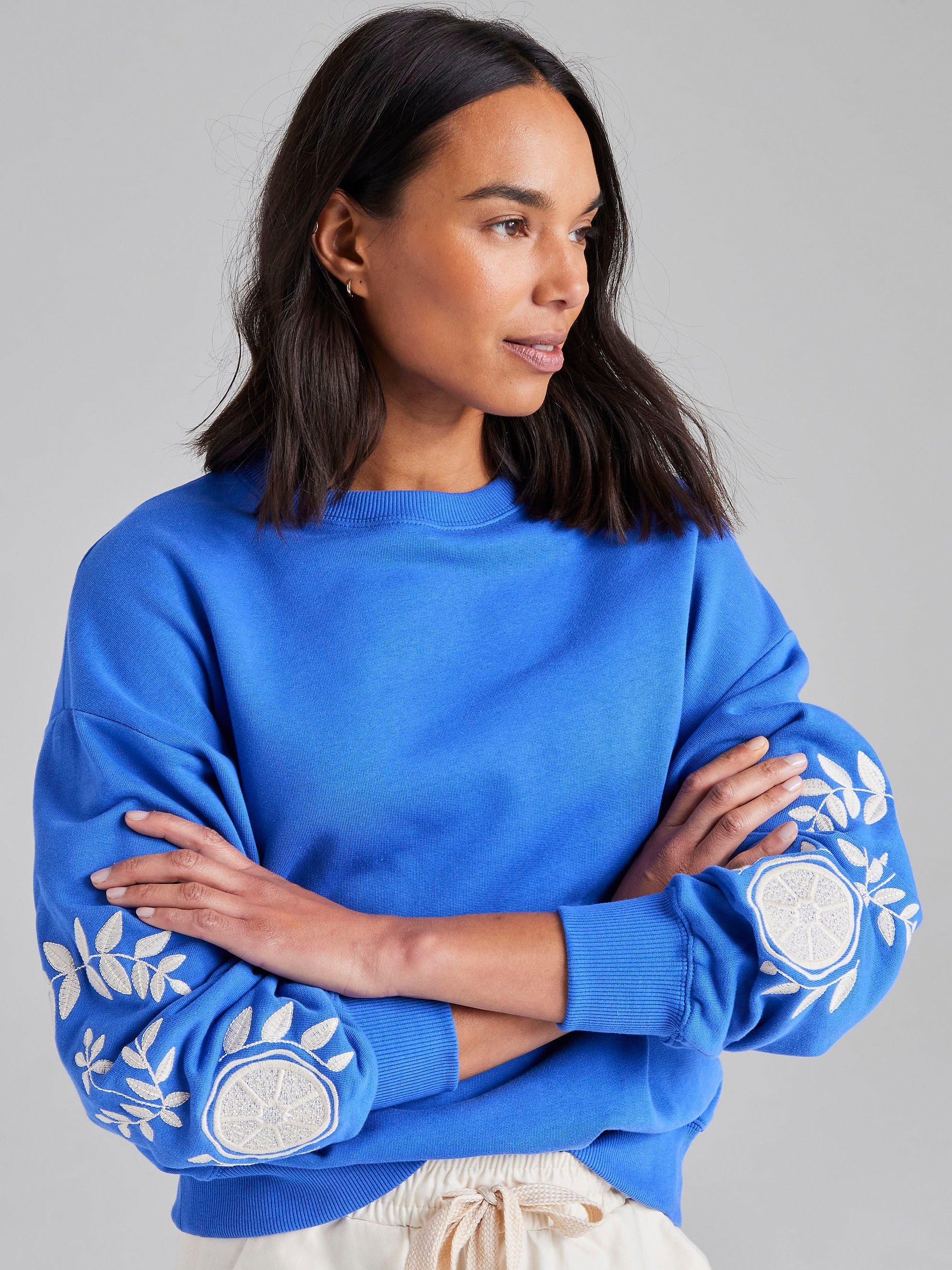 Cape Cove Embroidered Sleeve Cotton Sweatshirt, Dazzling Blue