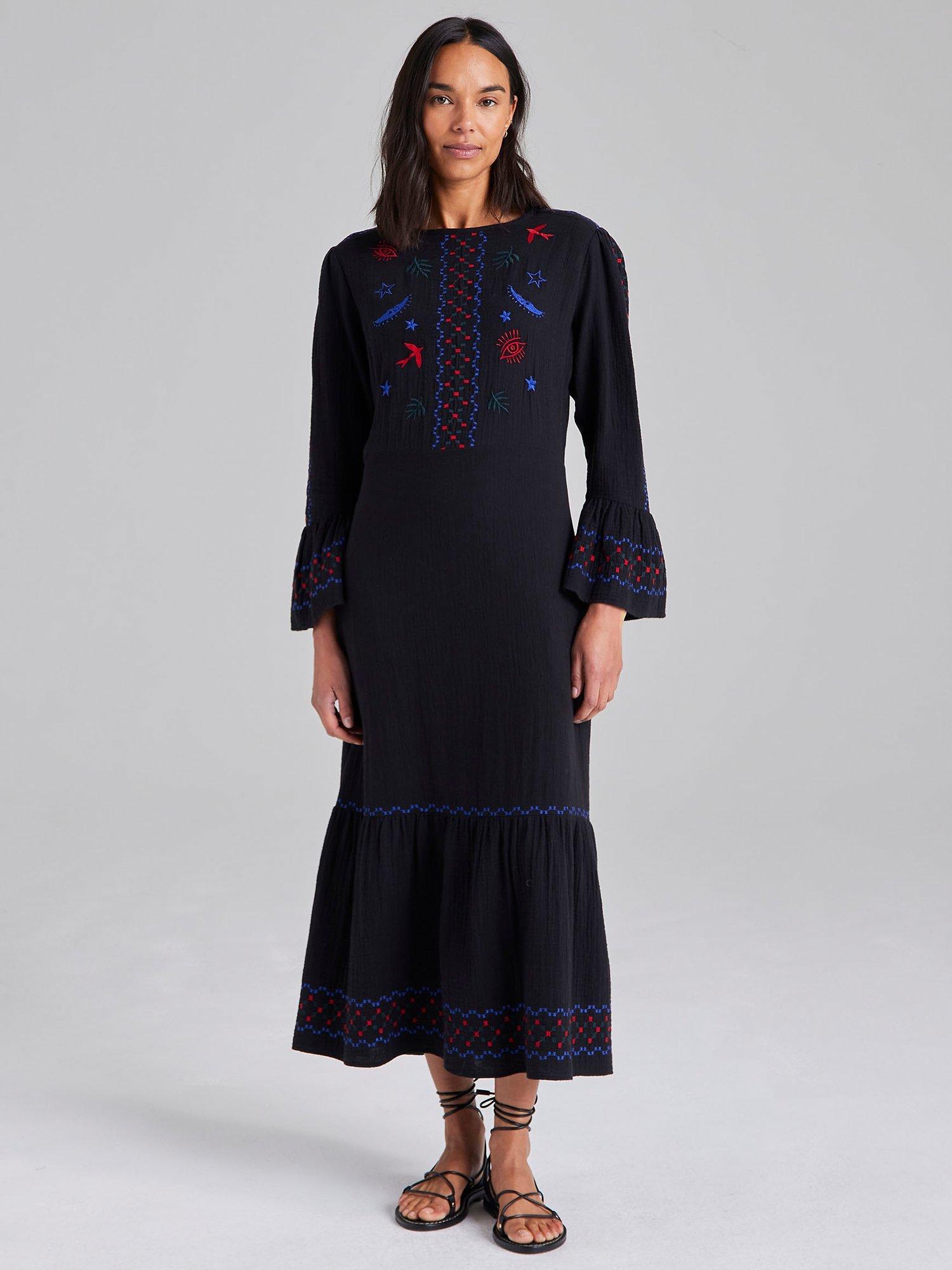 Cape Cove Embroidered Midi Dress, Black