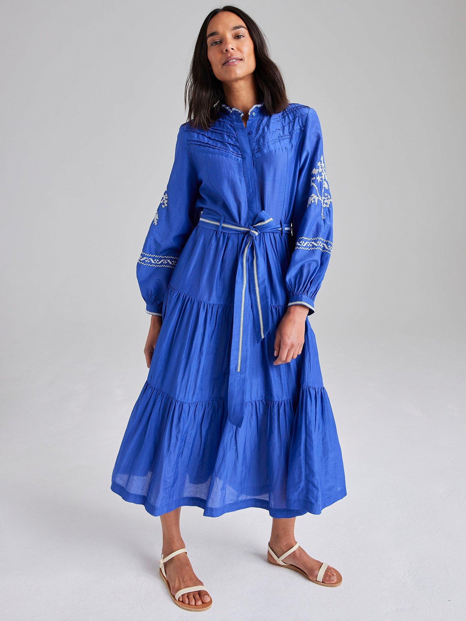 Cape Cove Cow Parsley Embroidered Cotton Silk Blend Midi Dress, Dazzling Blue