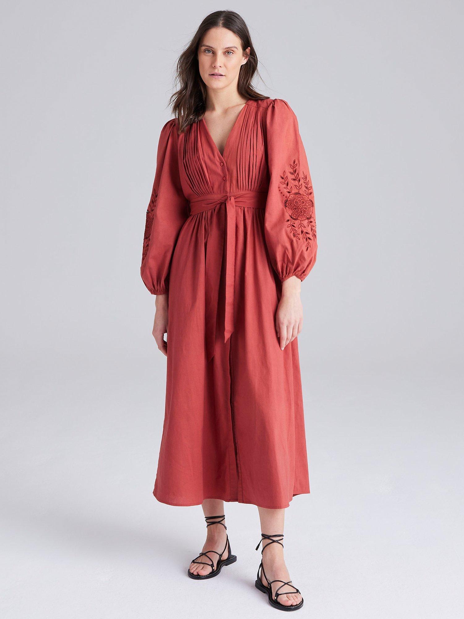 Cape Cove Mandala Cutwork V-Neck Midi Dress, Rust