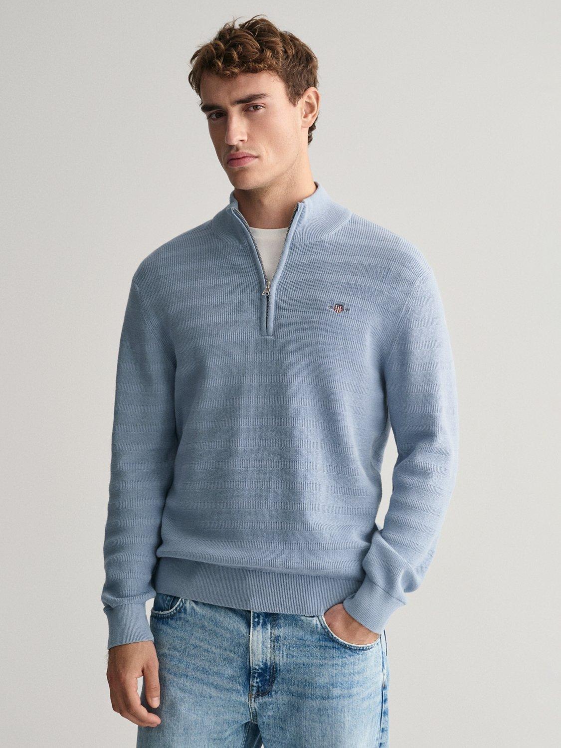 GANT Half-Zip Striped Cotton Knit Jumper, Blue