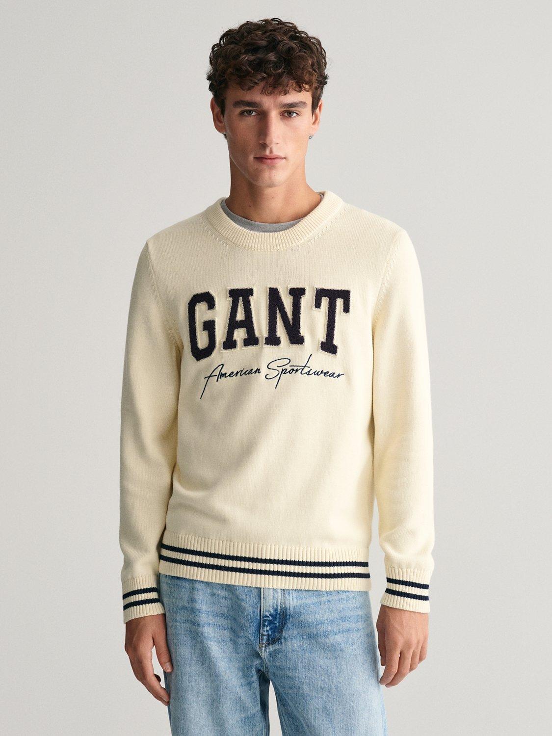GANT Logo Stripe Crew Neck Jumper, Cream