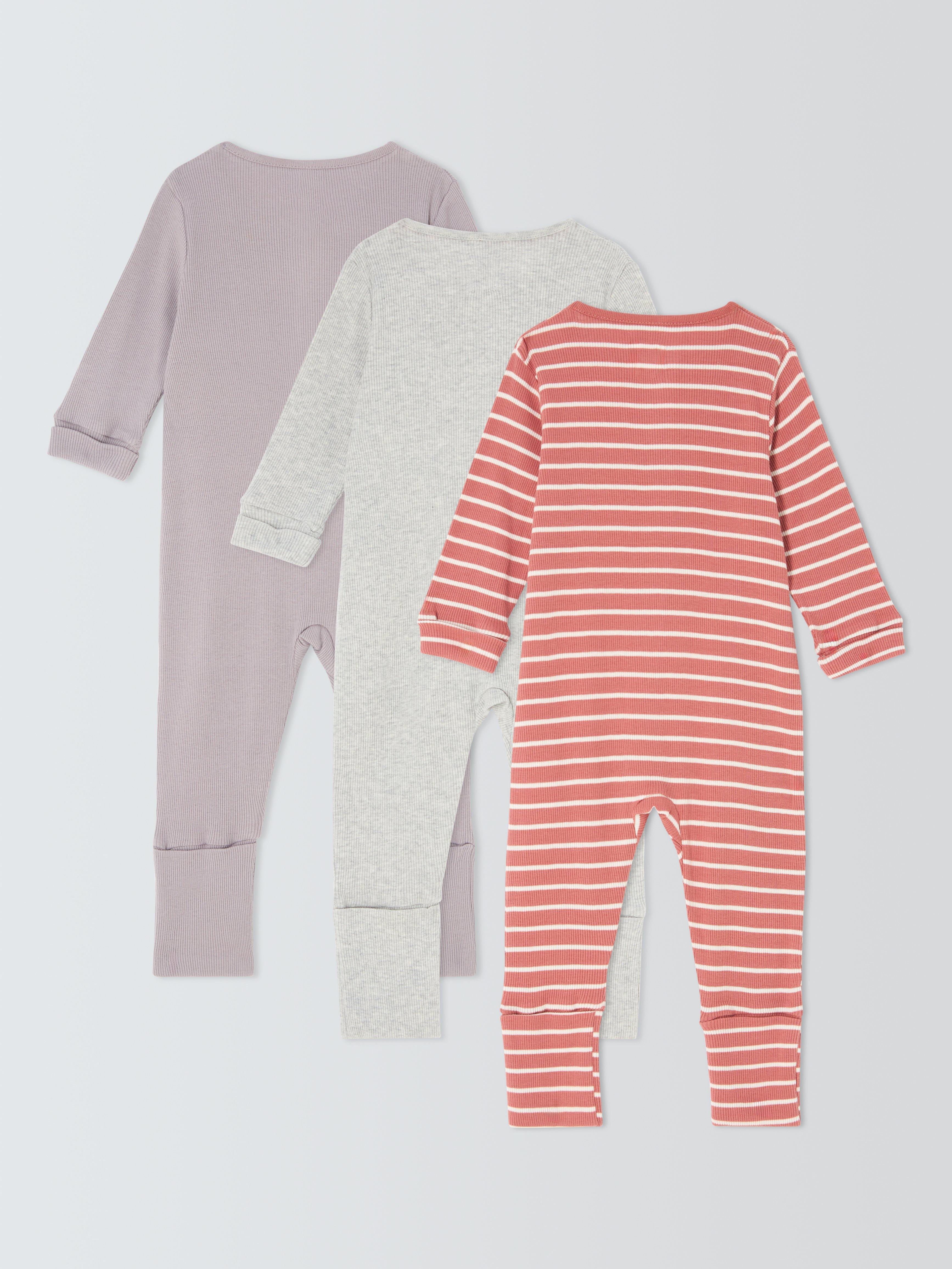 John Lewis Baby Foldover Feet Two Way Zip Ribbed Cotton Sleepsuit Pack of 3