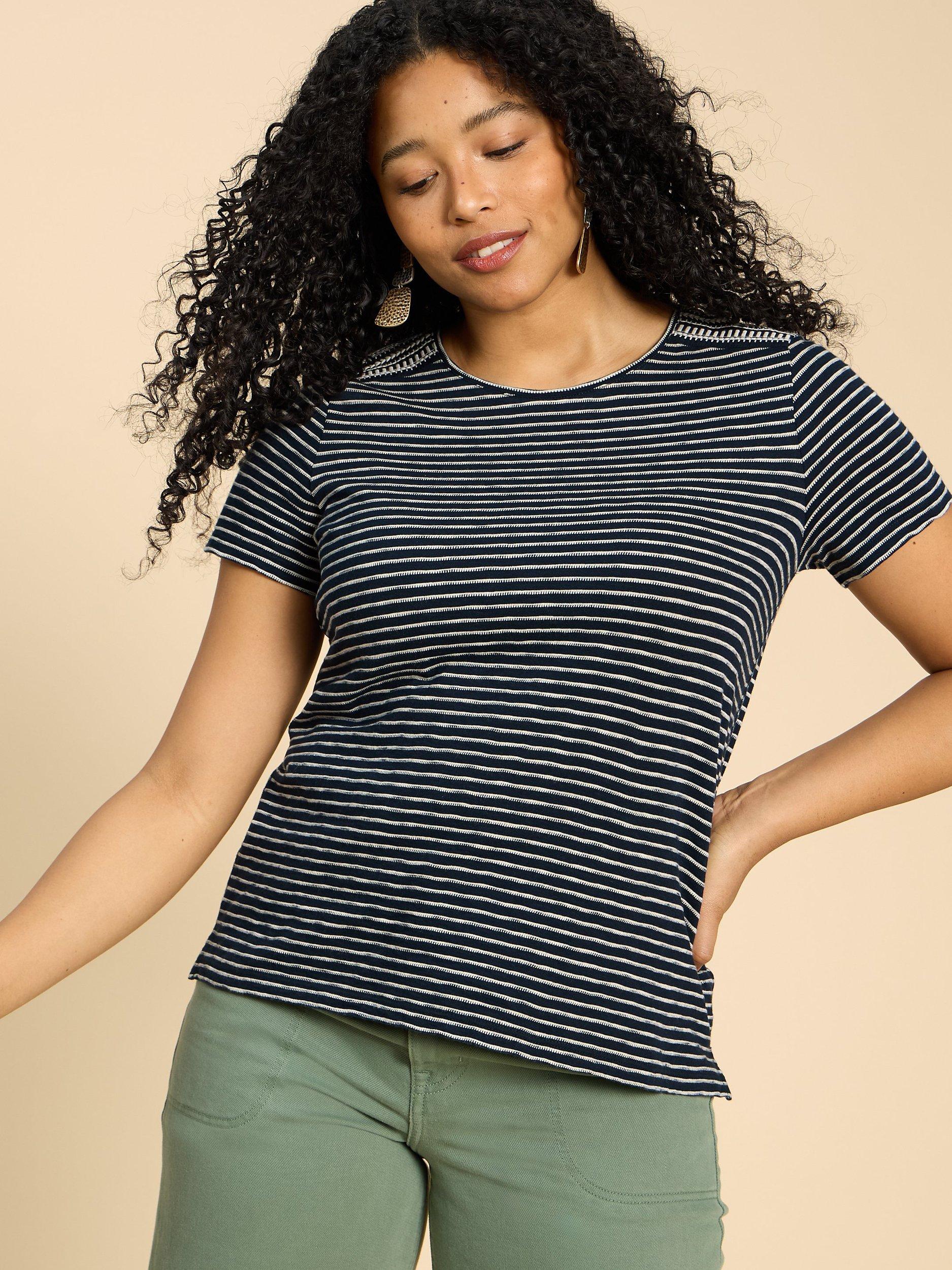 Product image 1 of 7, which shows White Stuff Abbie Embroidered Stripe Cotton T-Shirt, Ivory/Black, 24