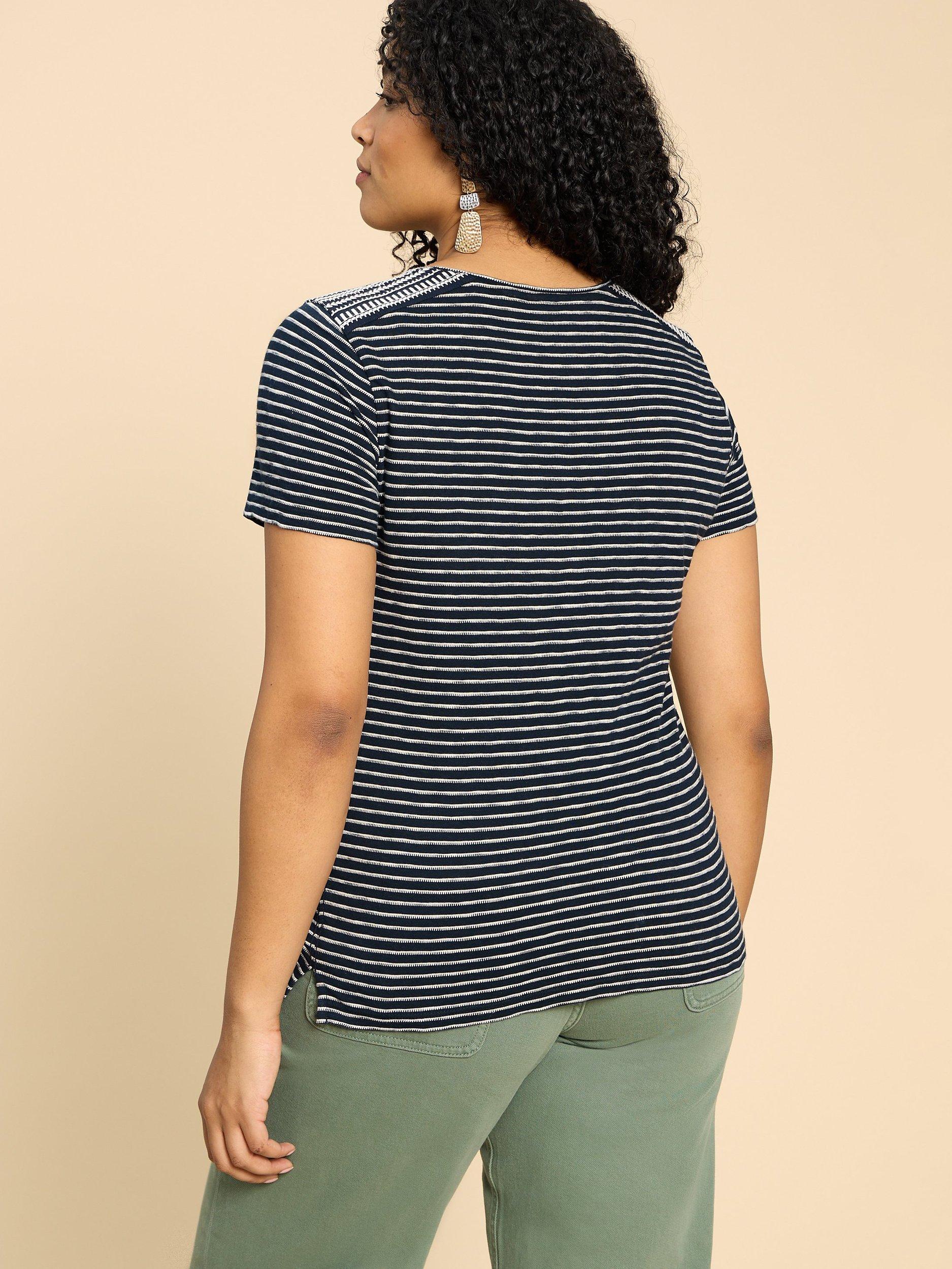 Product image 2 of 7, which shows White Stuff Abbie Embroidered Stripe Cotton T-Shirt, Ivory/Black, 24