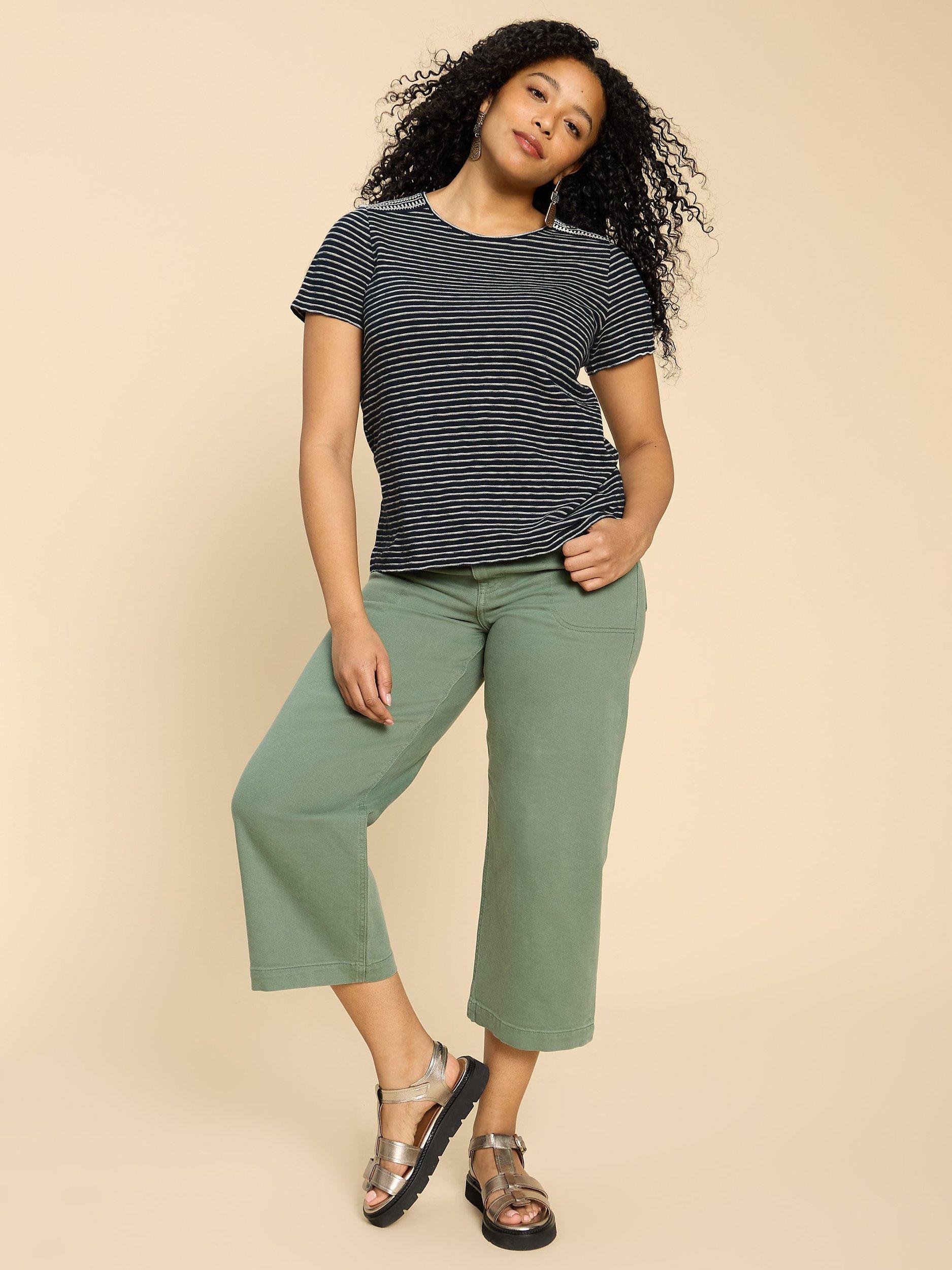Product image 3 of 7, which shows White Stuff Abbie Embroidered Stripe Cotton T-Shirt, Ivory/Black, 24