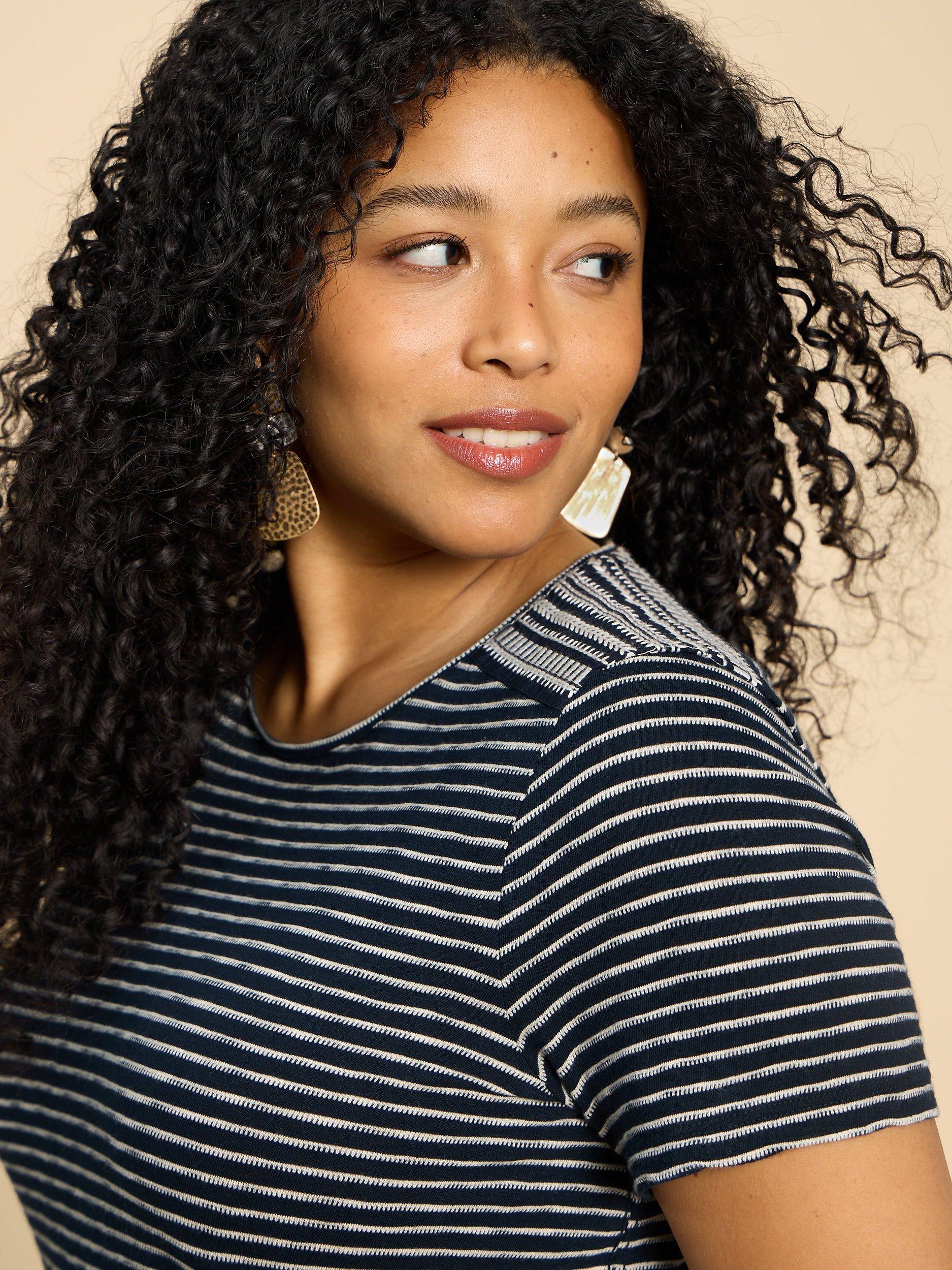 Product image 4 of 7, which shows White Stuff Abbie Embroidered Stripe Cotton T-Shirt, Ivory/Black, 24