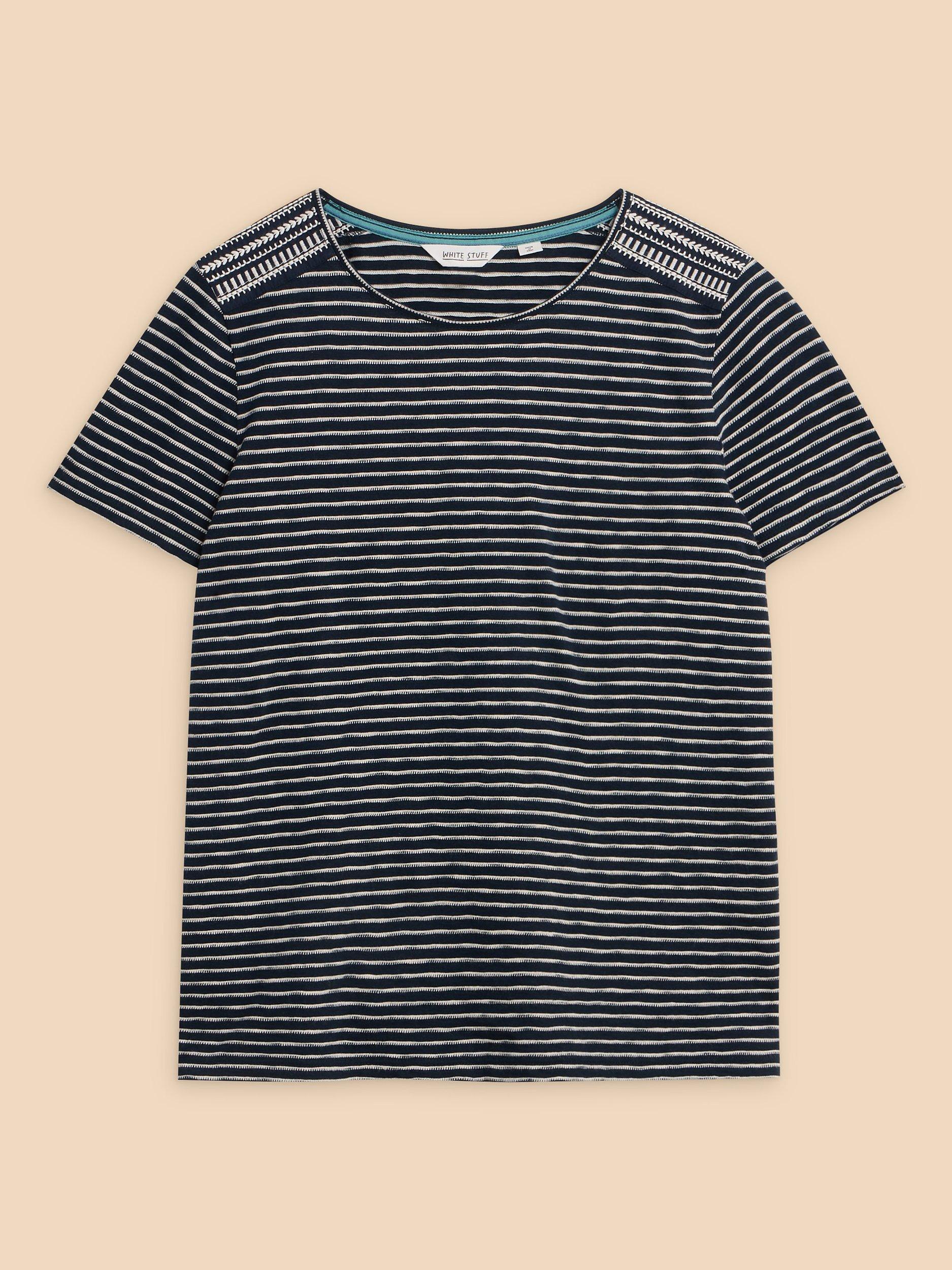 Product image 5 of 7, which shows White Stuff Abbie Embroidered Stripe Cotton T-Shirt, Ivory/Black, 24
