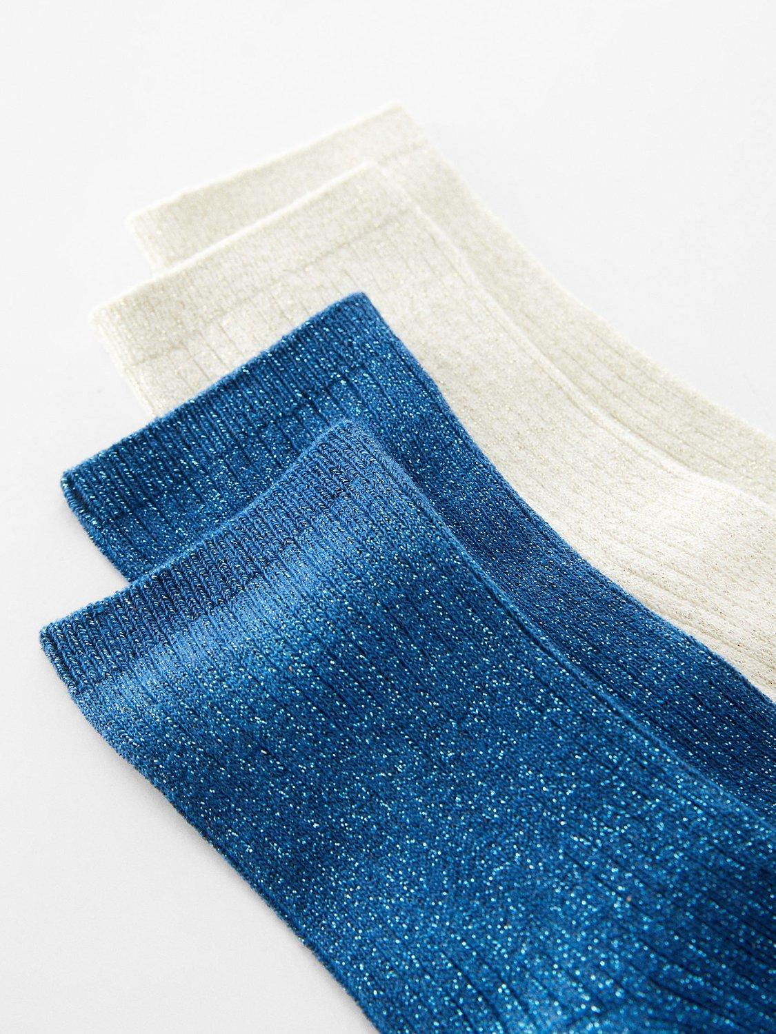 Mango Lucia Metallic Knit Socks, Pack of 2, Medium Blue/White, One Size