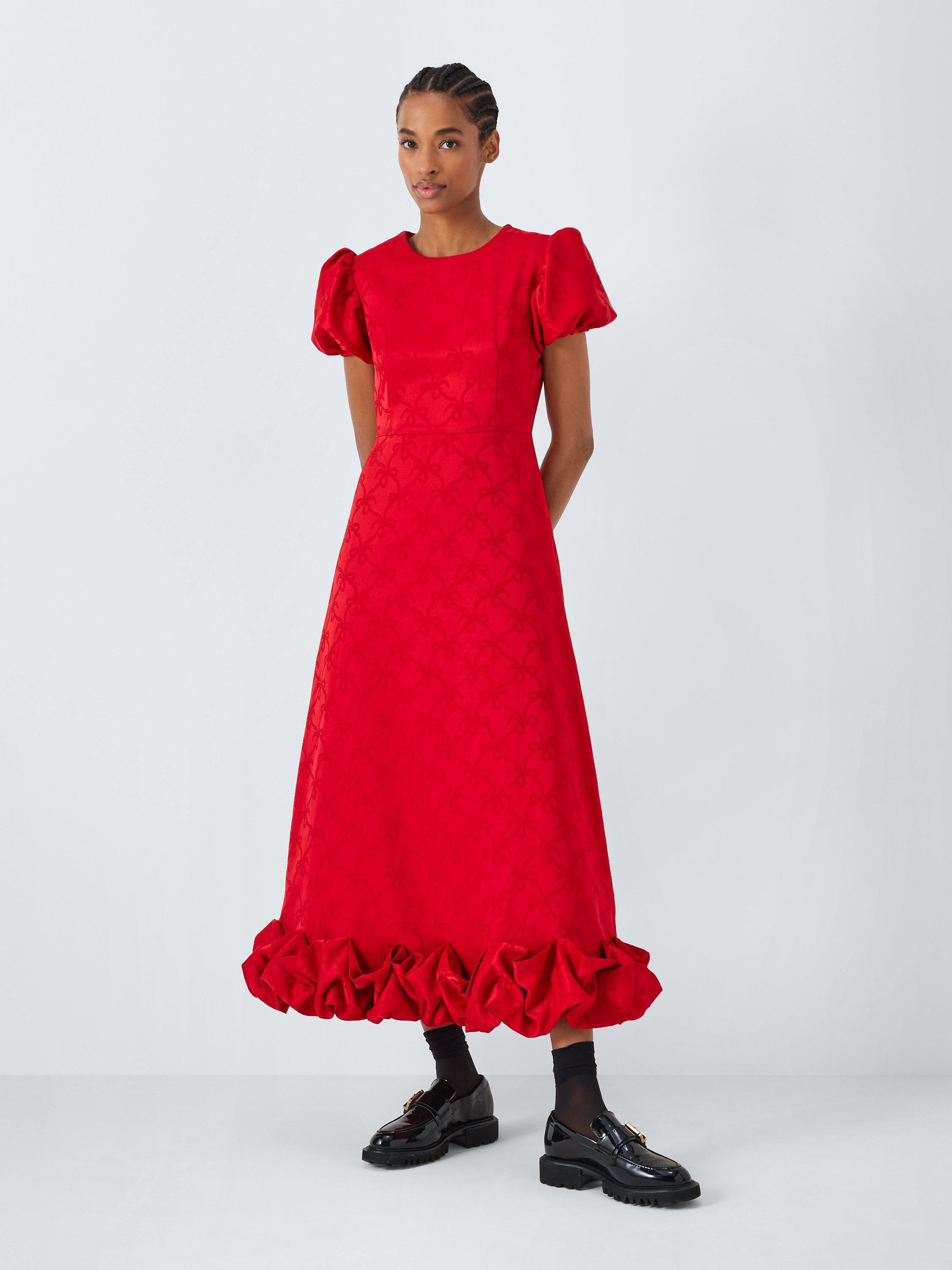 Sister Jane Bow Jacquard Ruffle Hem Midi Dress, Red