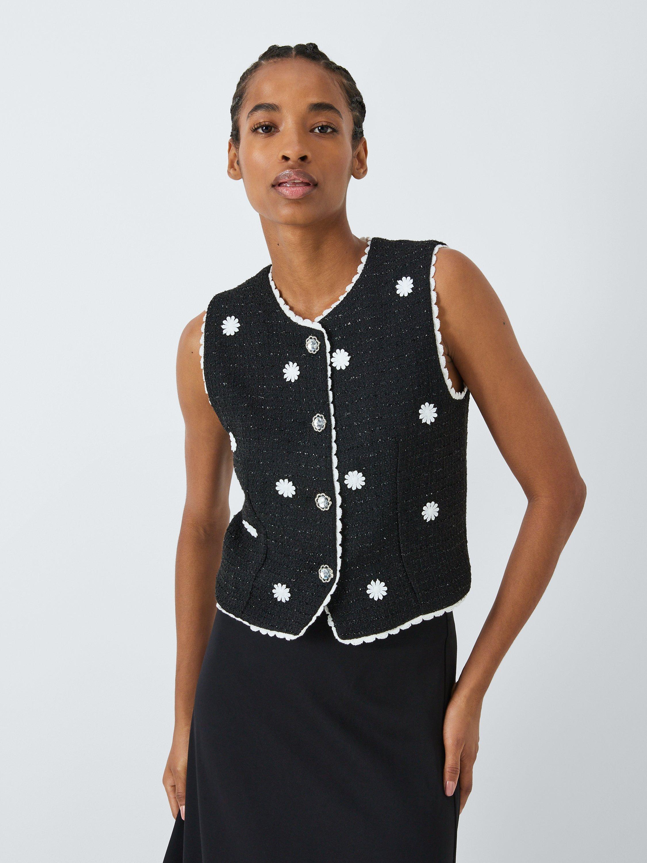 Sister Jane Heirloom Floral Trim Tweed Vest Top, Black