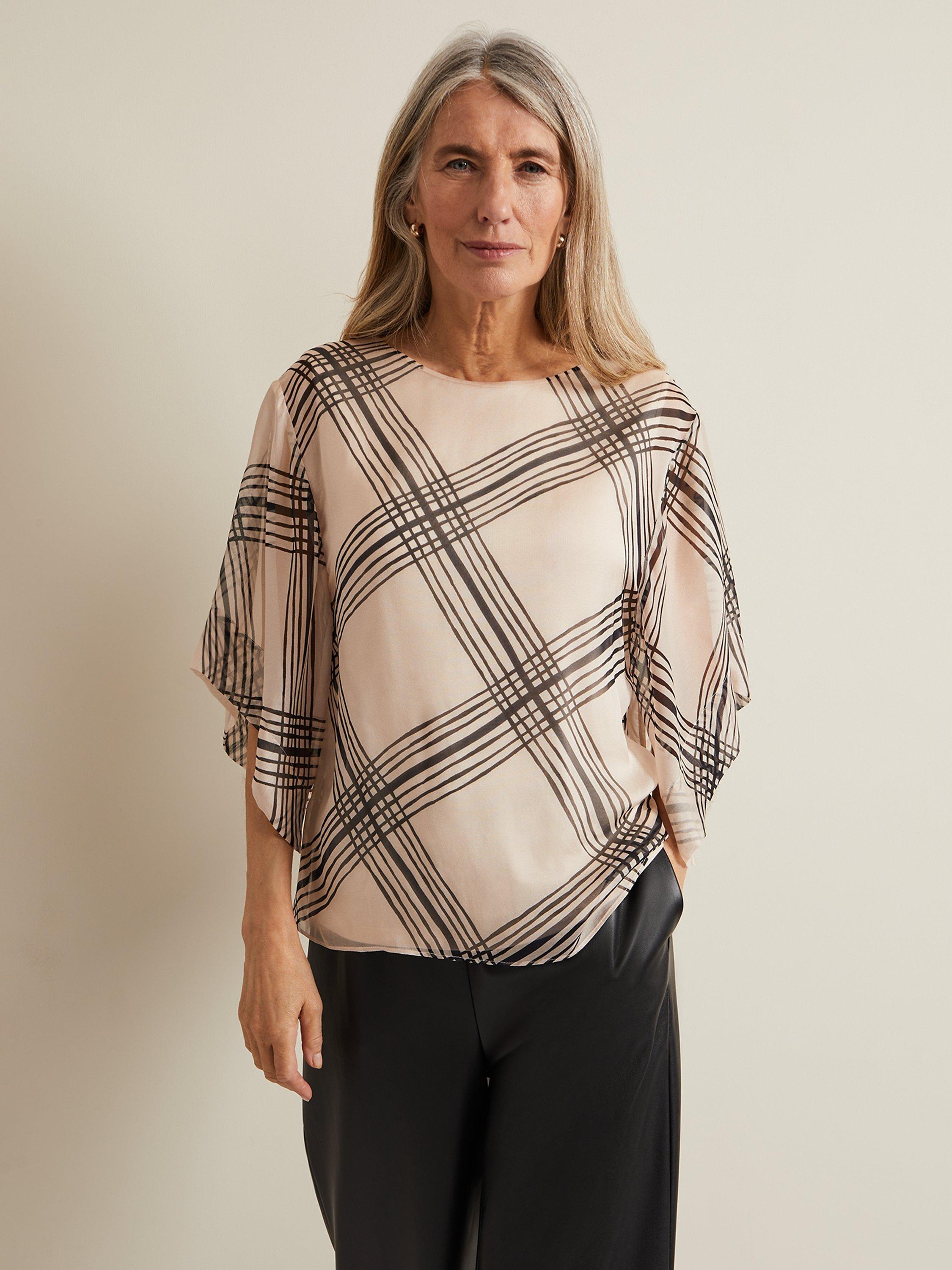 Phase Eight Aleena Check Print Silk Top, Cream/Black