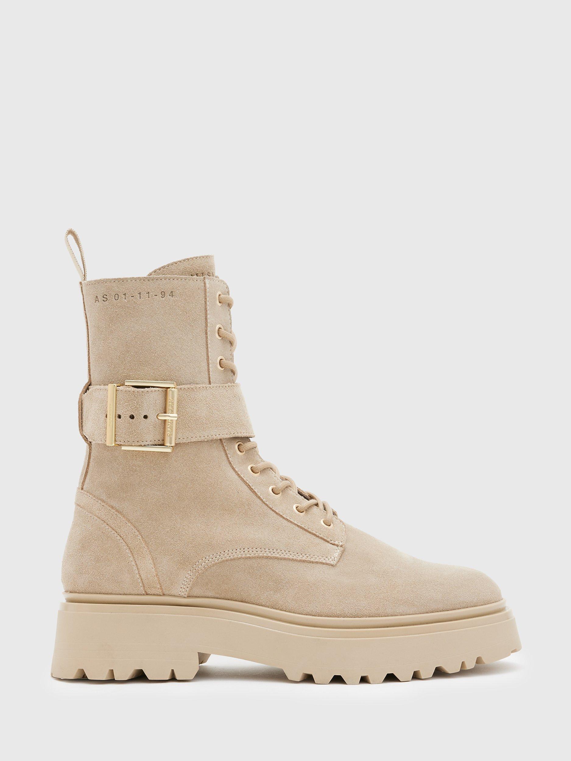 AllSaints Onyx Buckle Detail Suede Lace-Up Ankle Boots, Sand