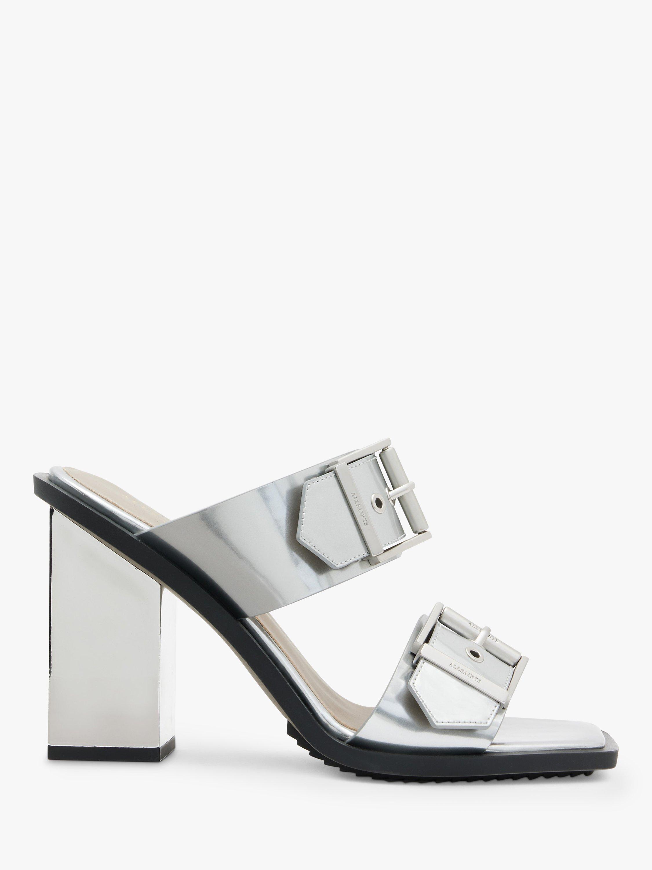 AllSaints Camille Metallic Leather Buckle Strap Mules, Metallic Silver