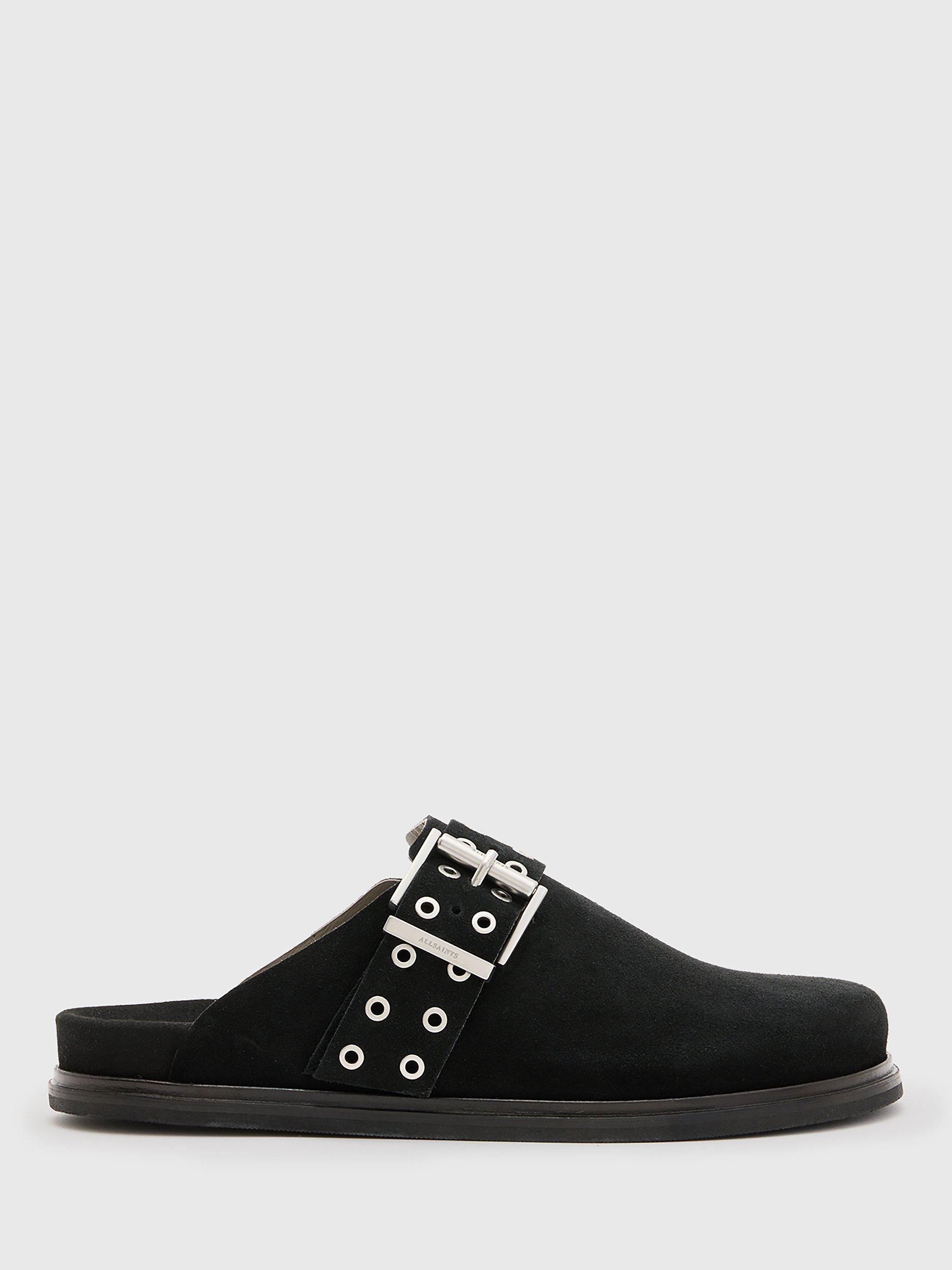 Product image 1 of 5, which shows AllSaints Juno Suede Mules, Black, 5
