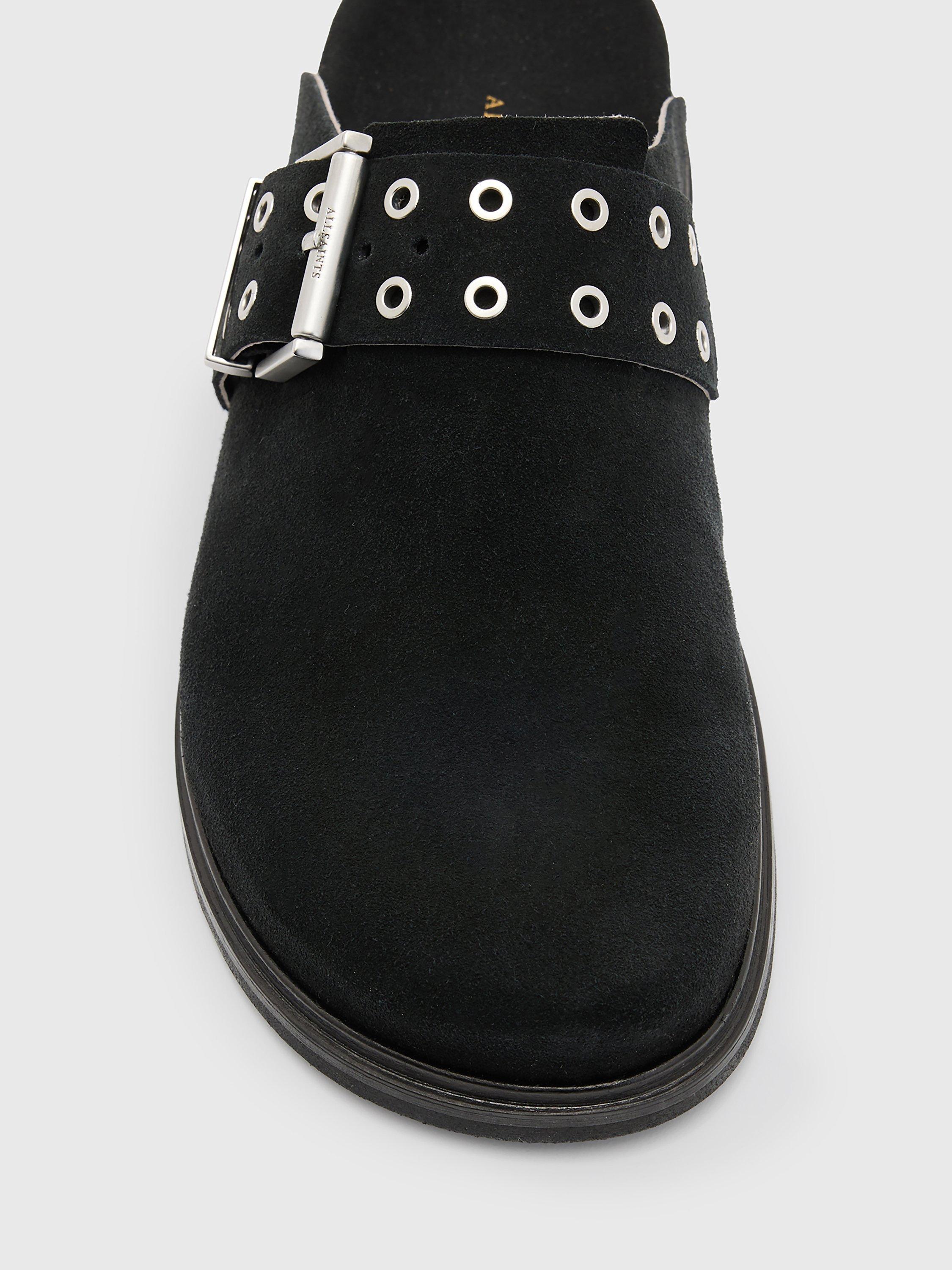 Product image 2 of 5, which shows AllSaints Juno Suede Mules, Black, 5