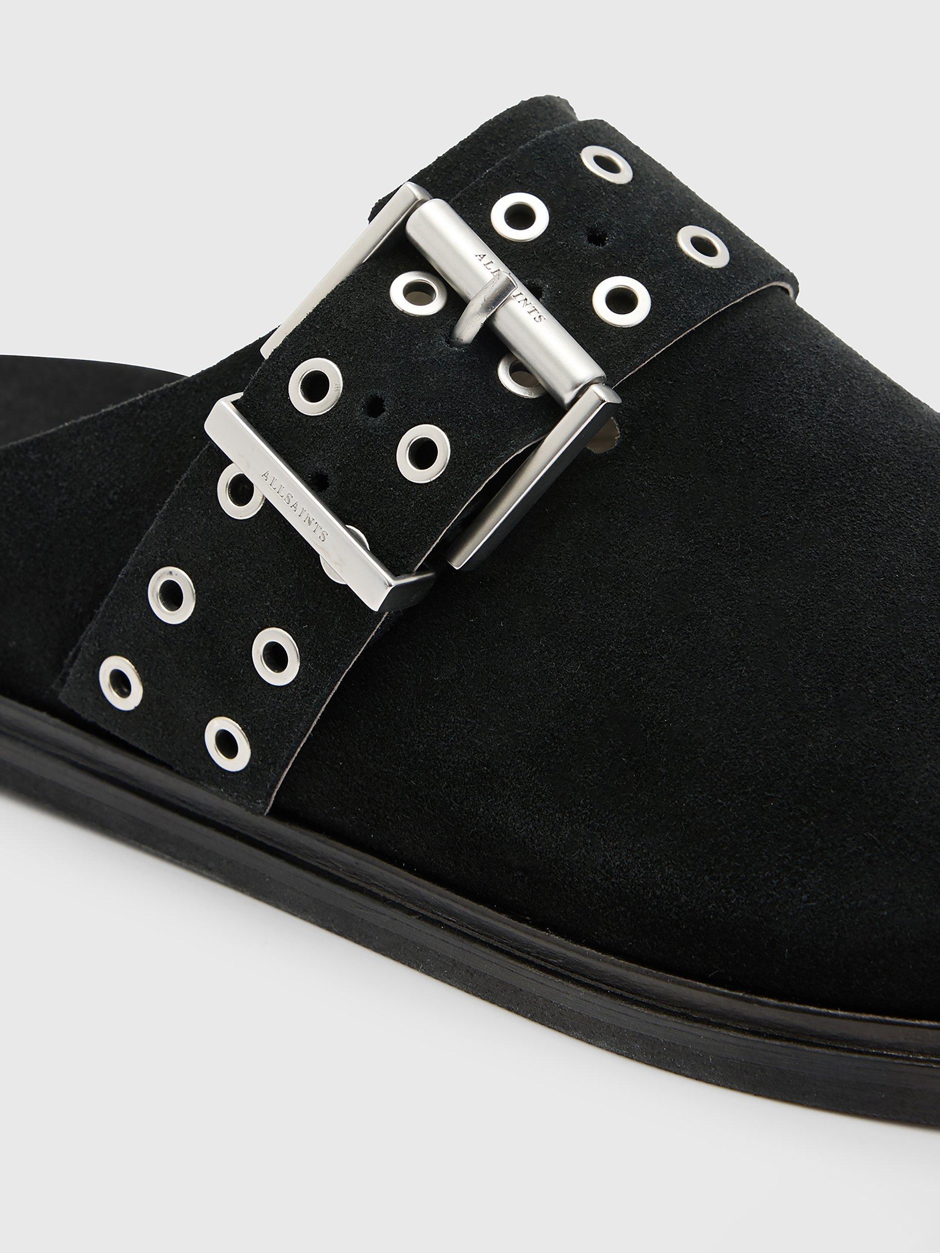 Product image 4 of 5, which shows AllSaints Juno Suede Mules, Black, 5
