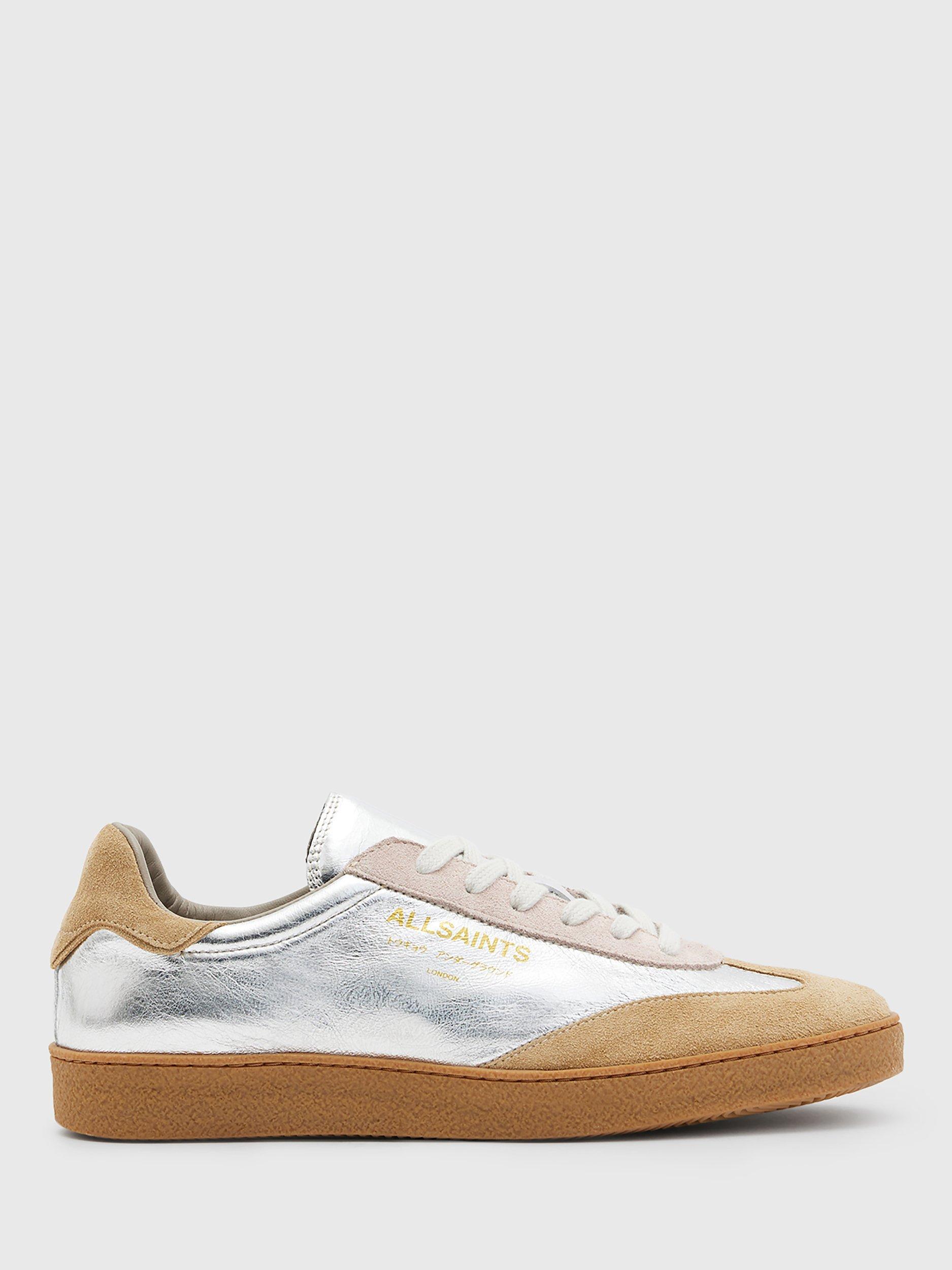 AllSaints Thelma Metallic Leather Trainers, Silver/Rose Pink/Tan