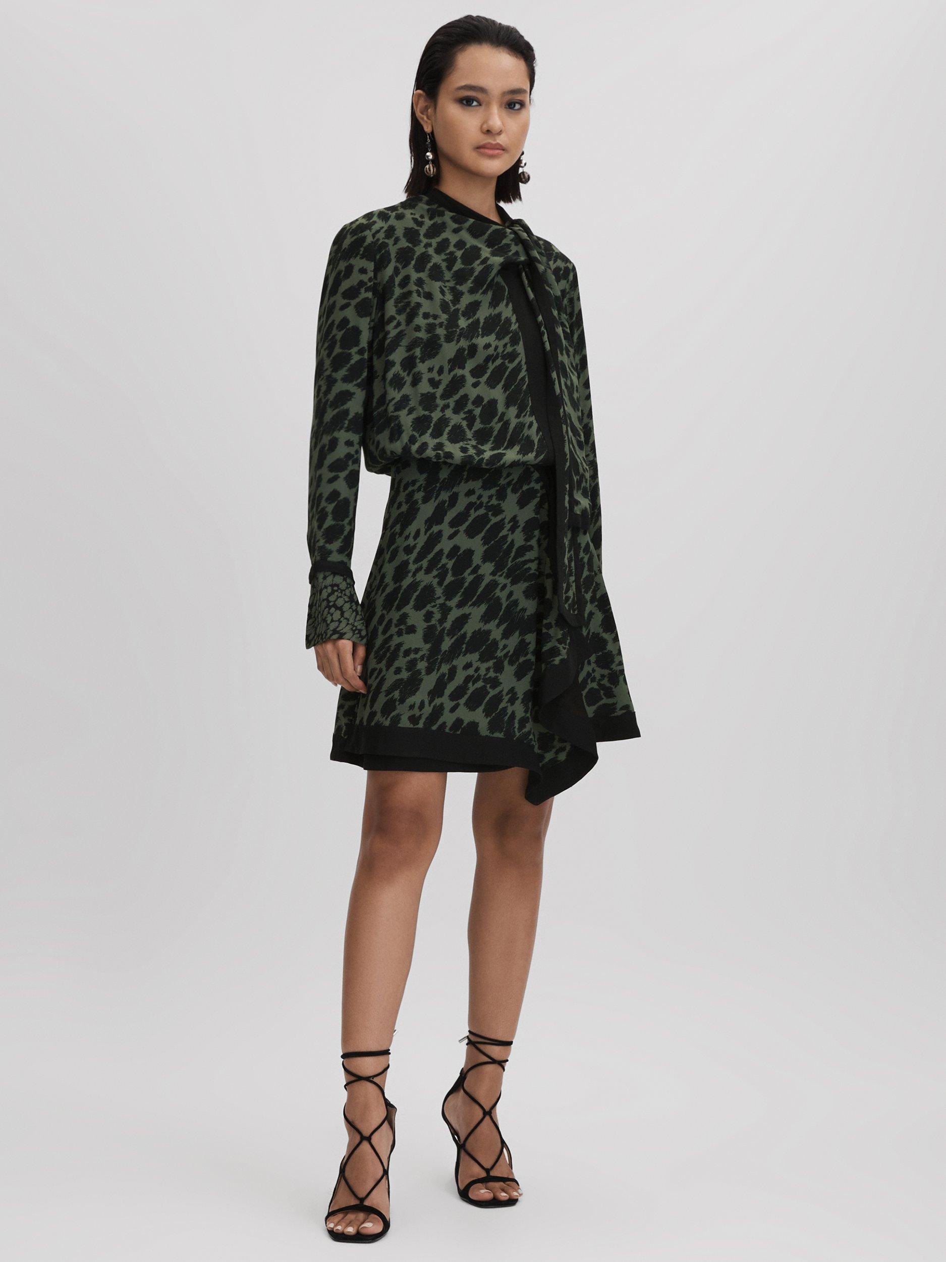 Reiss Katie Animal Print Flippy Dress, Black/ Dark Khaki