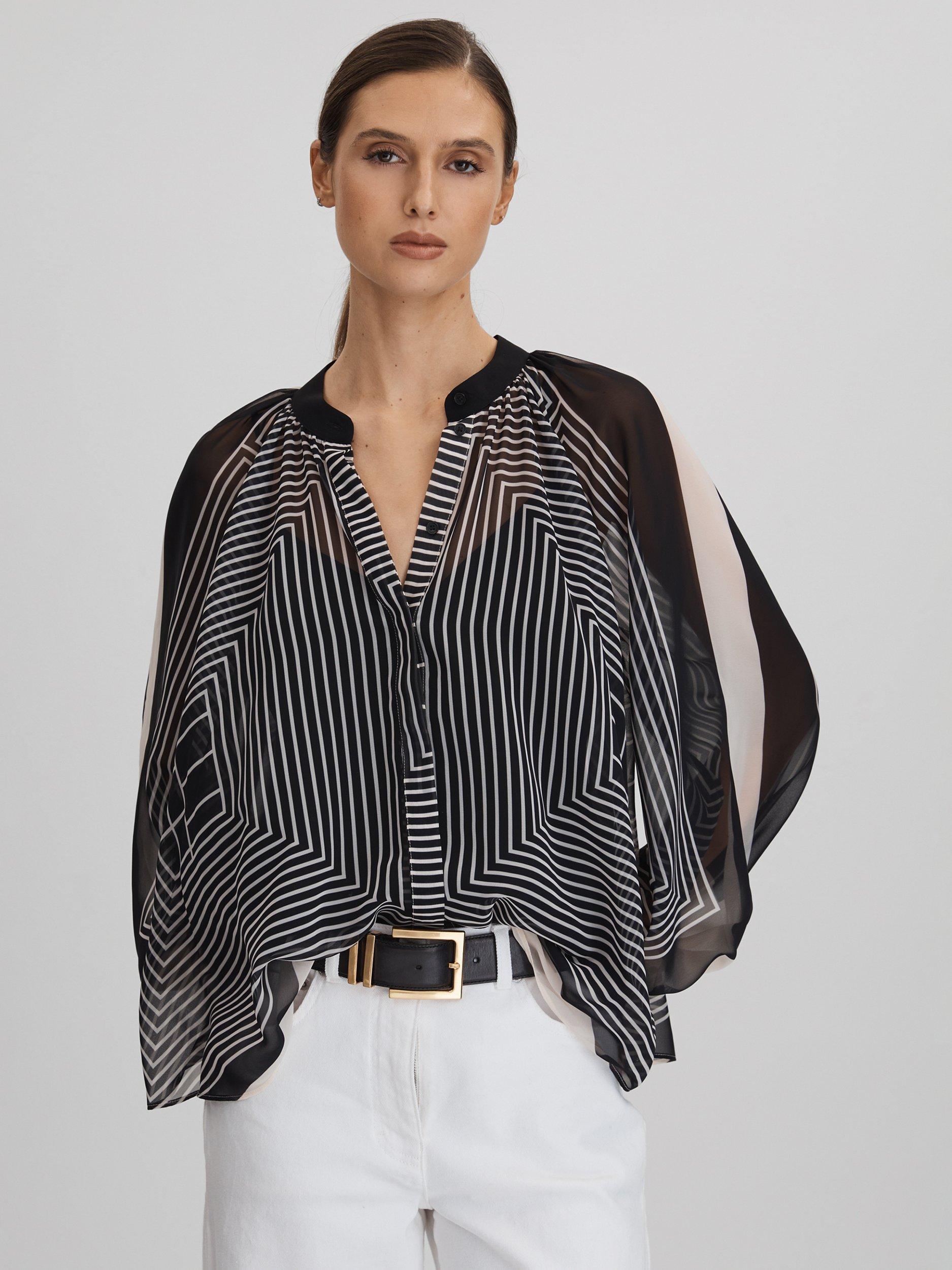 Reiss Charli Stripe Print Blouse, Black/Cream