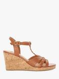 Dune Wide Fit Koali Leather Plait T-Bar Wedge Sandals, Tan