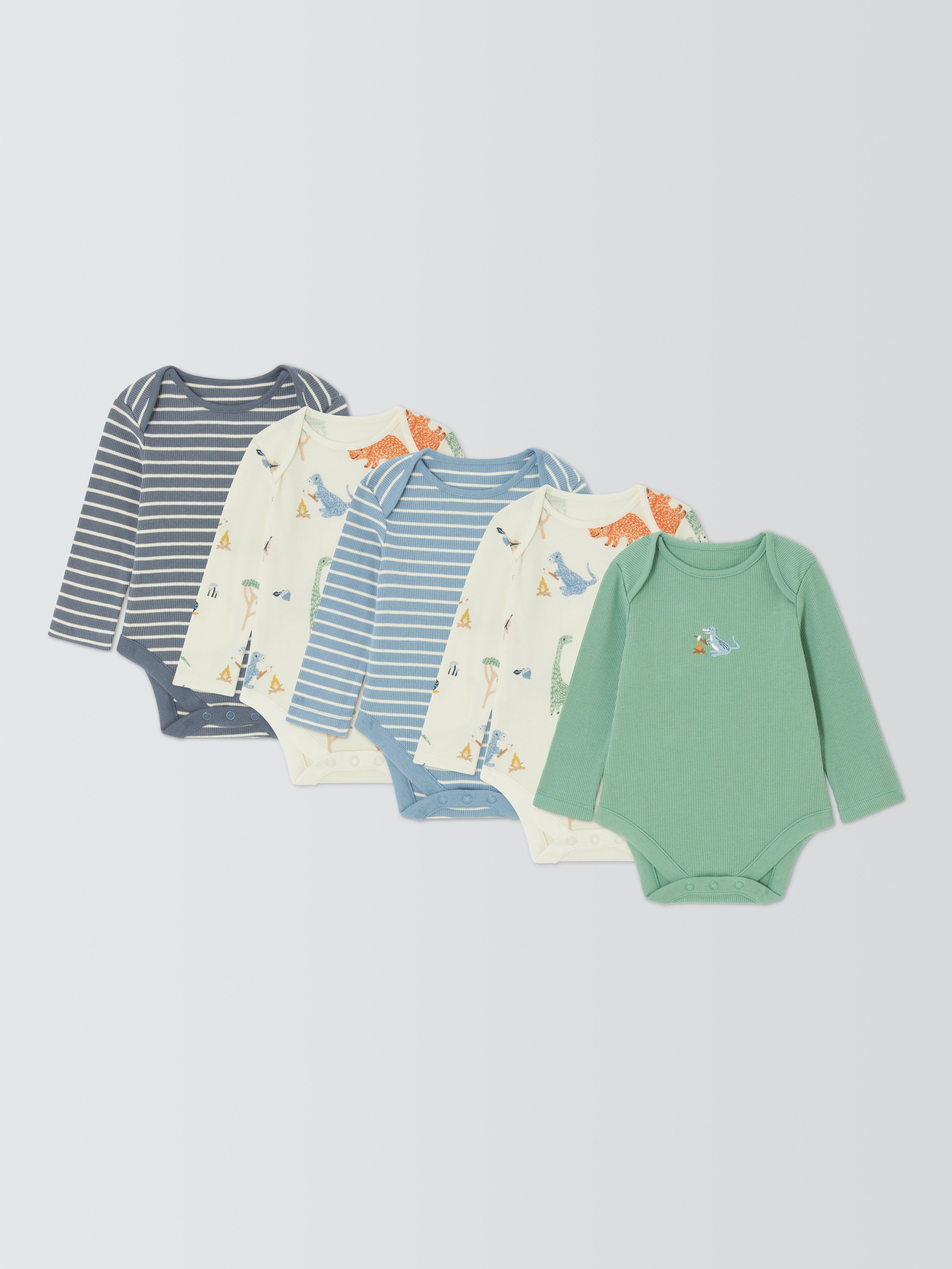 John Lewis Baby Dino Stripe Bodysuits, Pack of 5, Multi
