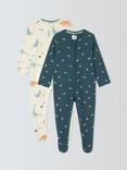 John Lewis Baby Dino Leaf Cotton Two Way Zip Sleepsuit, Pack of 2, Multi