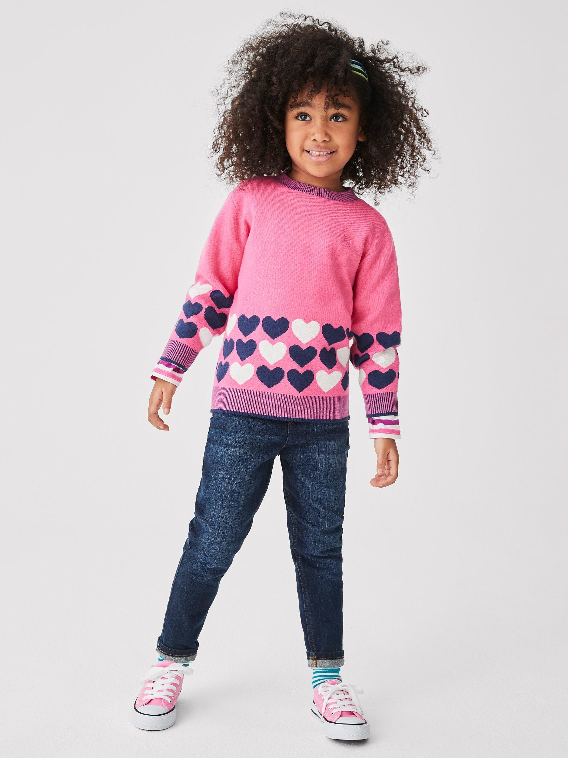 Crew Clothing Kids' Border Heart Drop Shoulder Jumper, Raspberry Pink/Multi