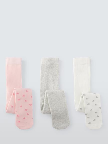 John Lewis Baby Rib Heart Organic Cotton Rich Tights, Pack of 3, Multi, Multi