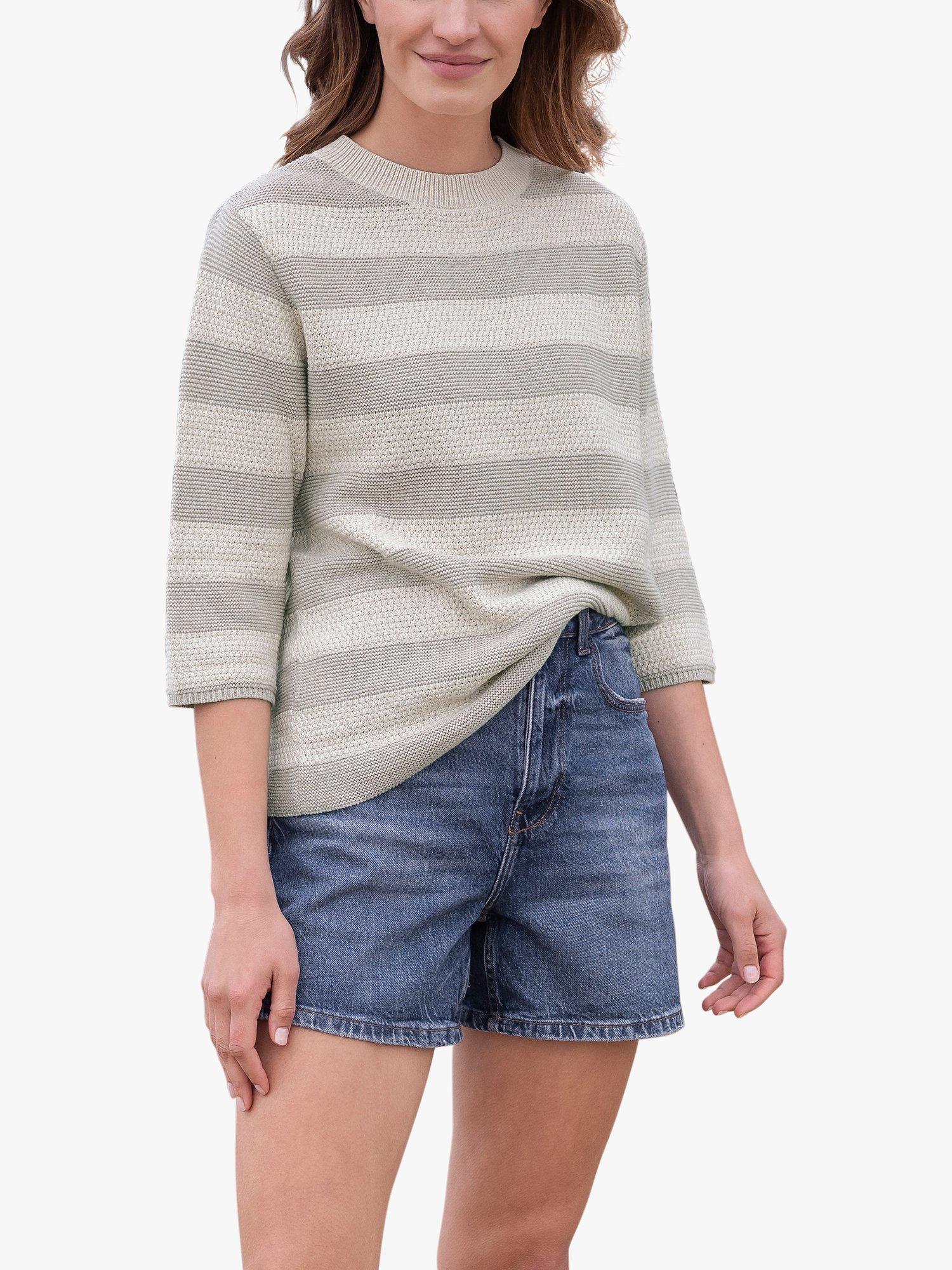 Celtic & Co. Organic Cotton Textured Half Sleeve Jumper, Taupe/Chalk