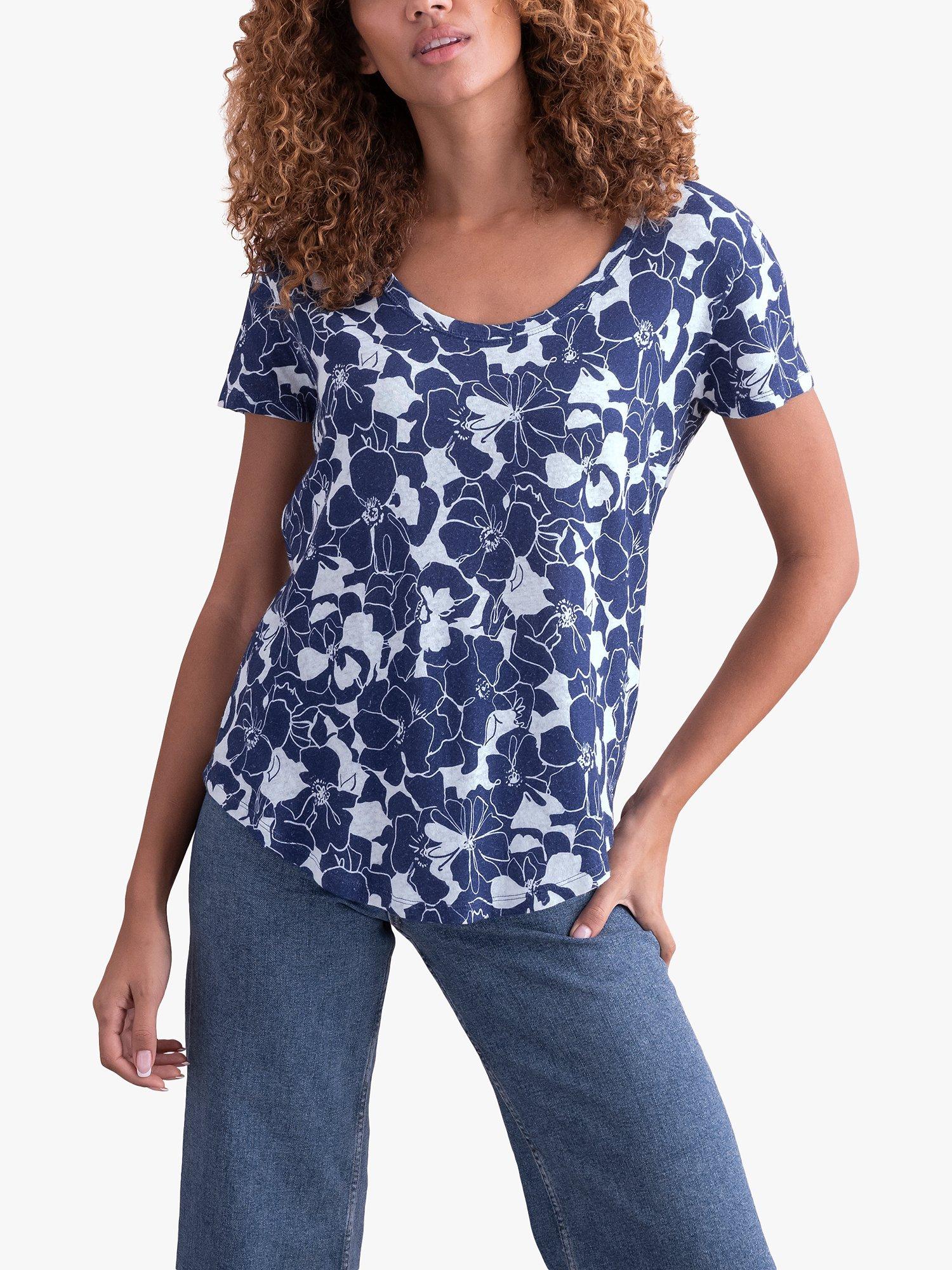 Celtic & Co. Linen Cotton Floral Scoop Neck T-shirt, Blue Linear