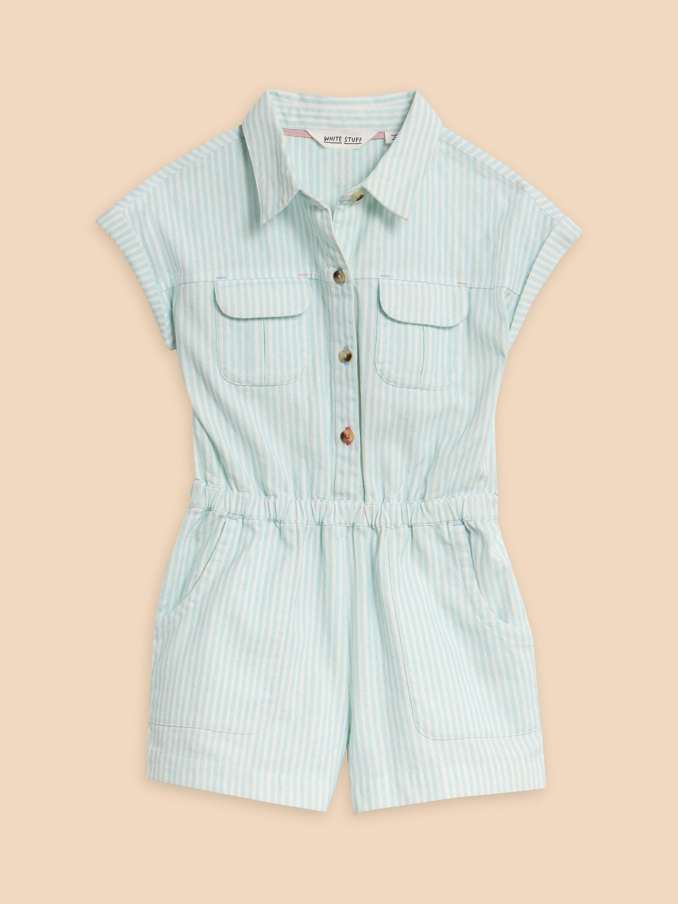 White Stuff Kids' Striped Woven Playsuit, Light Blue, Light Blue