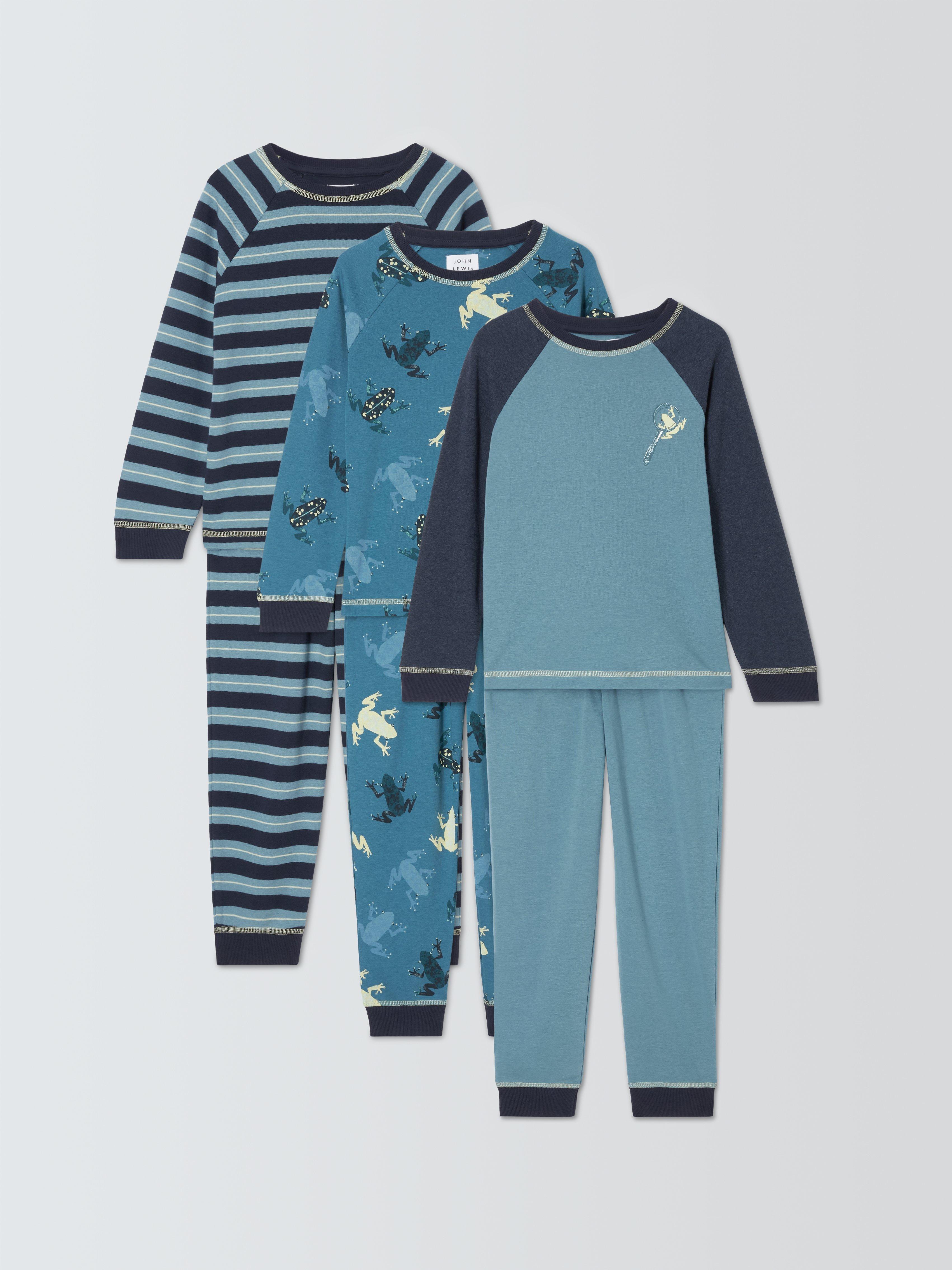 John Lewis Kids Frog Stripe Cotton Pyjama Set Pack of 3 Blue