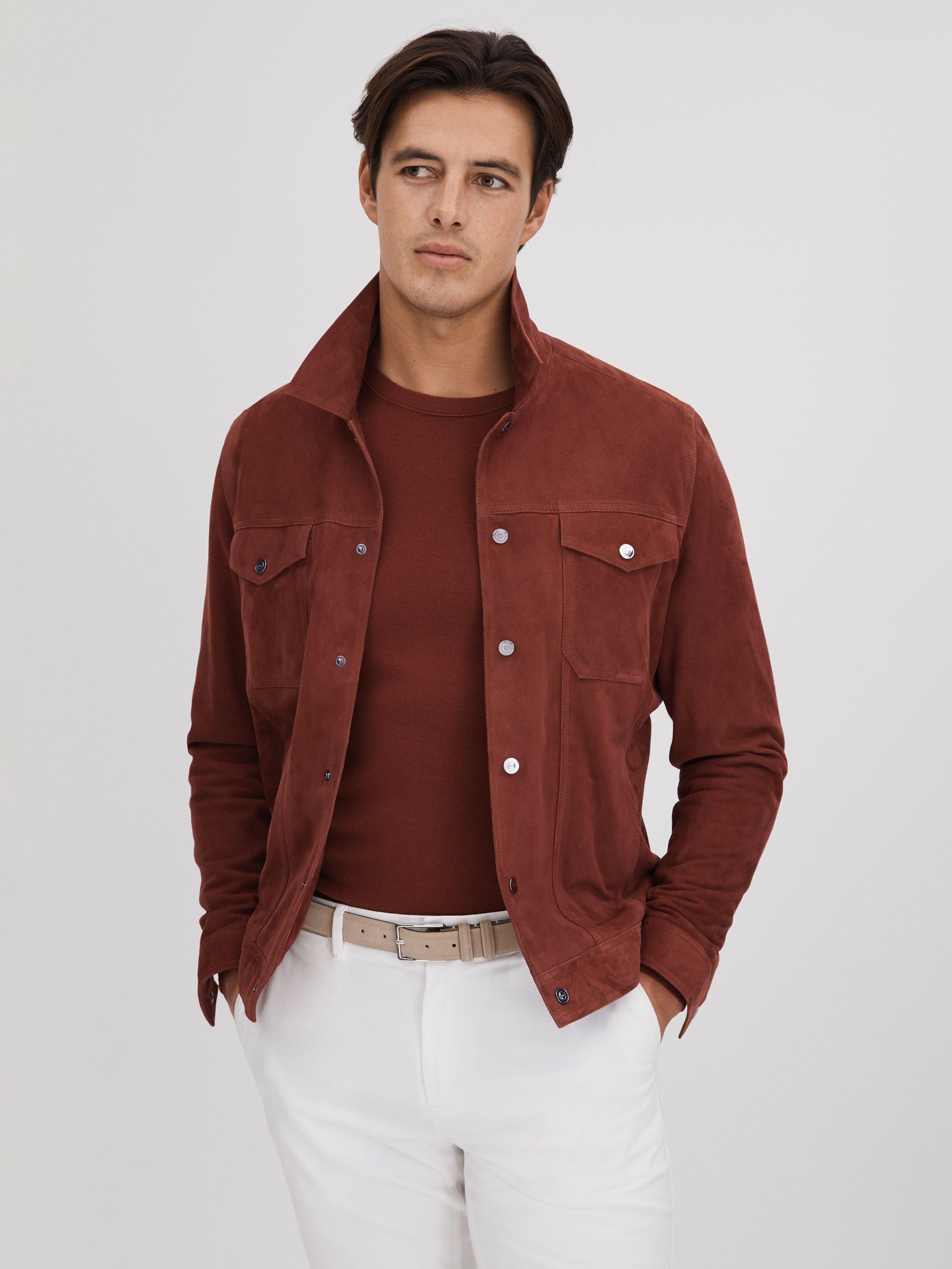 Reiss Nico Long Sleeve Suede Twin Pocket Overshirt, Rust