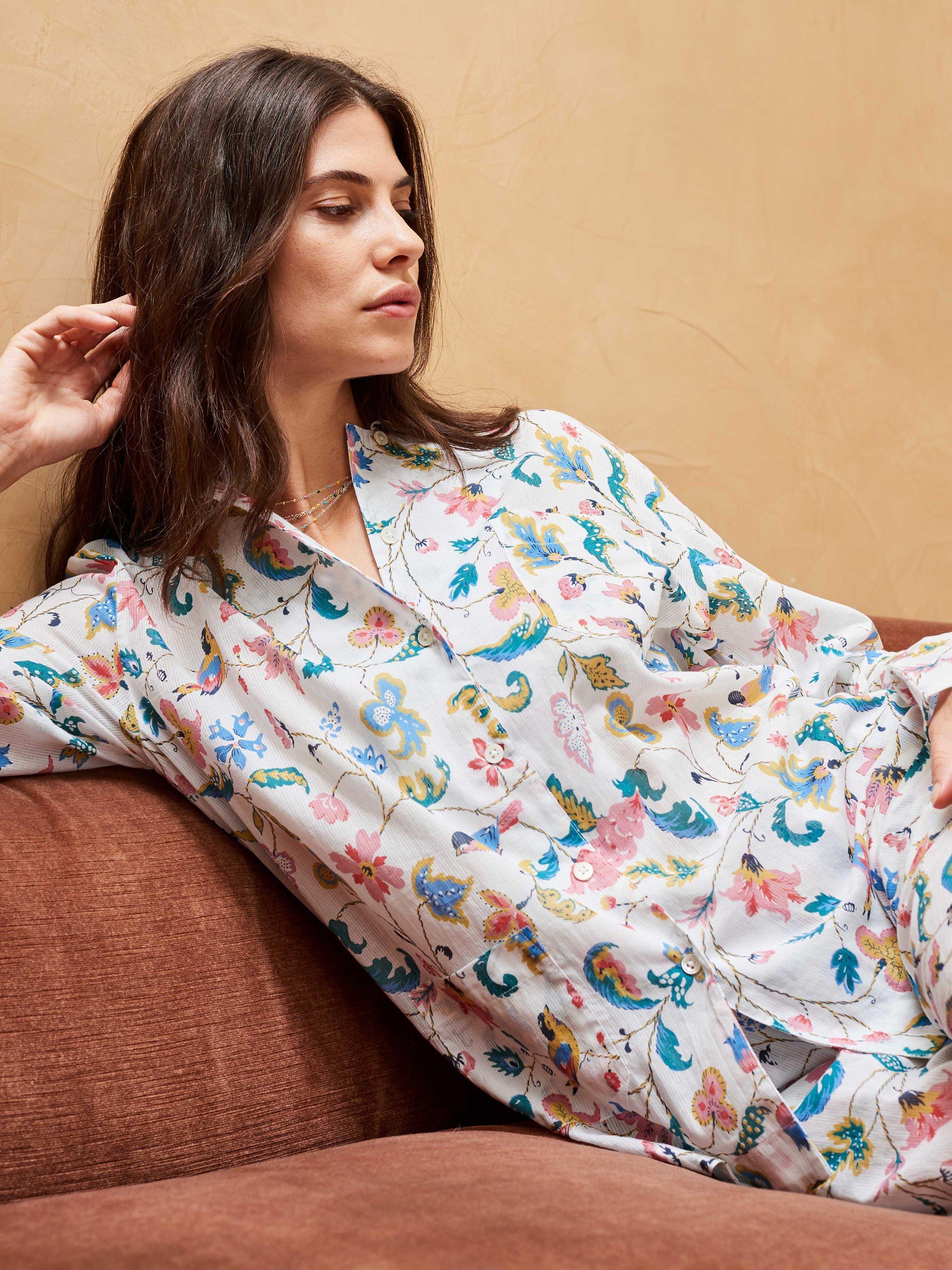 Brora Organic Cotton Botanical Print Pyjamas, White/Multi