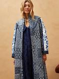 Brora Cotton Block Print Quilted Coat, Indigo/Multi