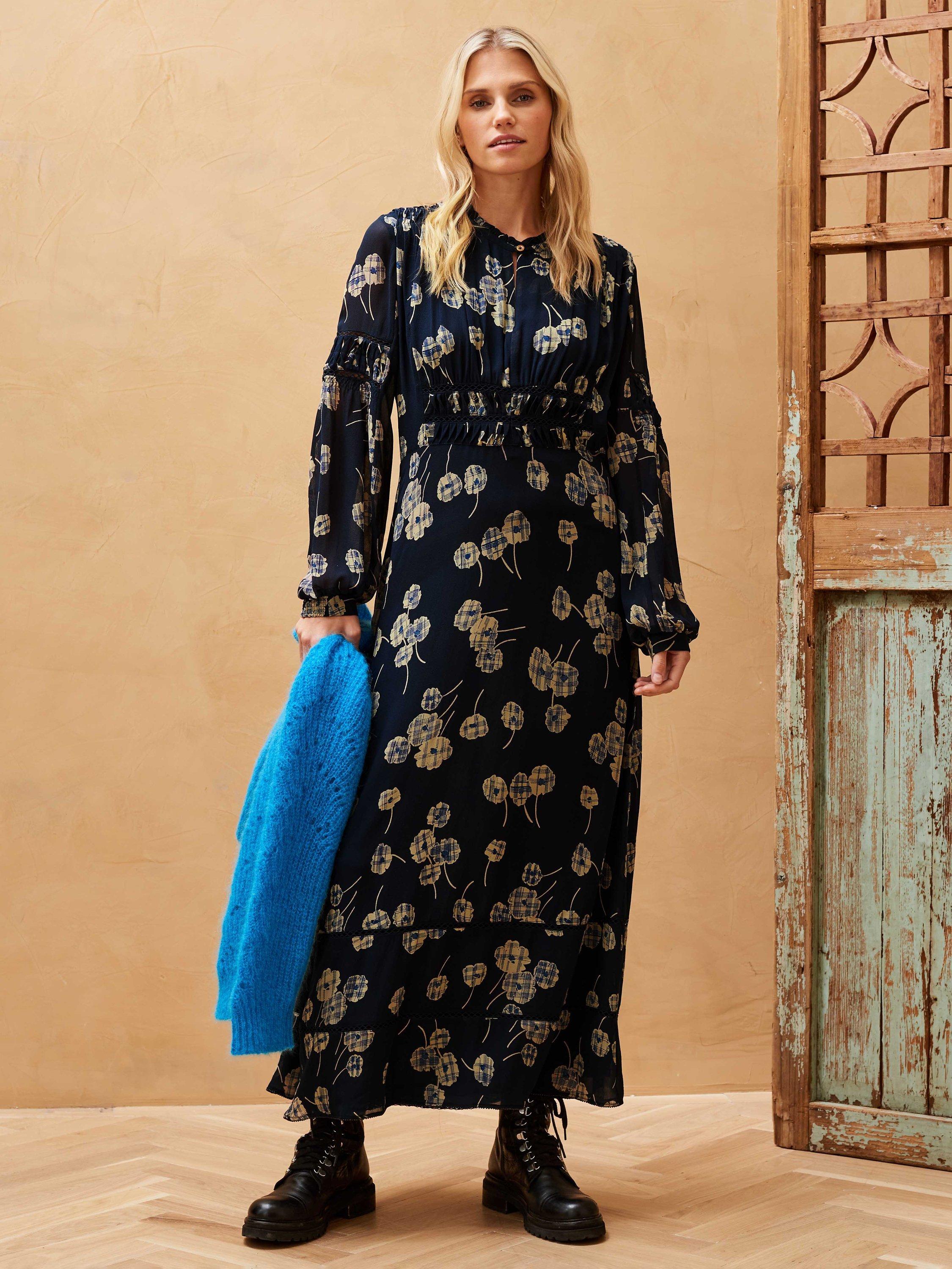 Brora Graphic Daisy Print Silk Maxi Dress Midnight Multi