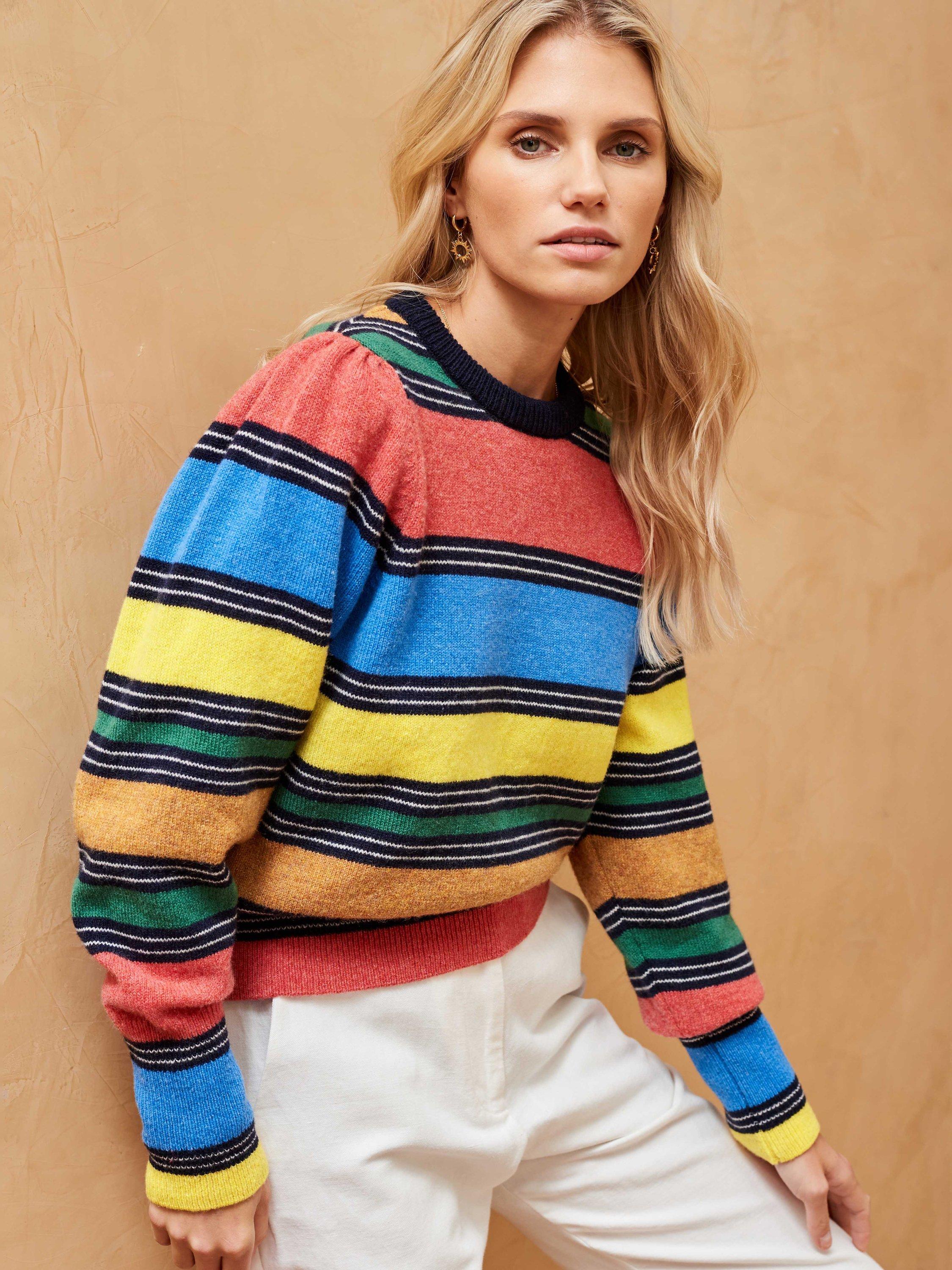 Brora Merino Lambswool Stripe Jumper, Rainbow