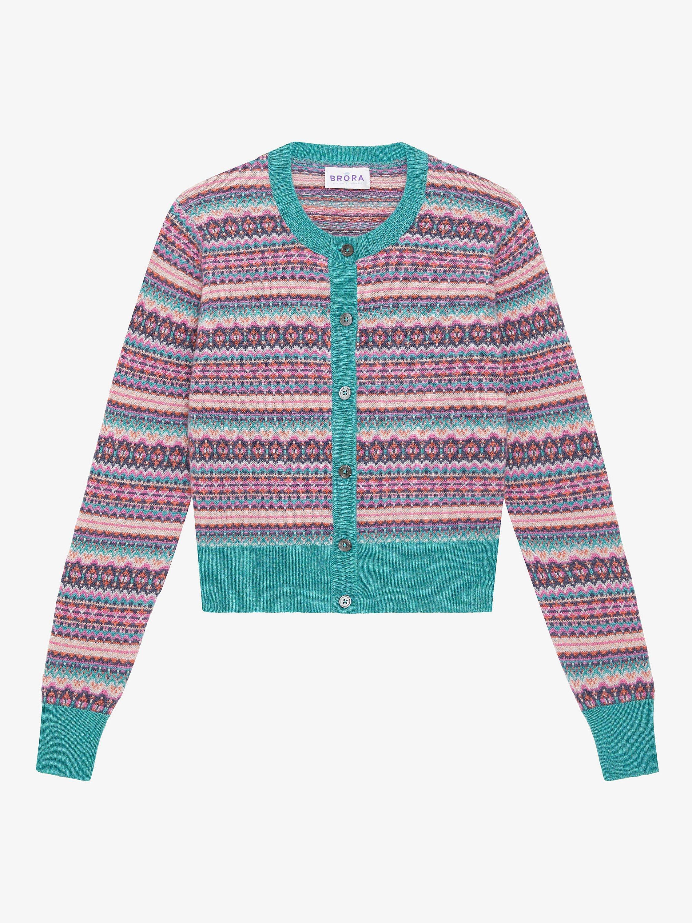 Brora Fairisle Cashmere Cardigan, Ocean, 16