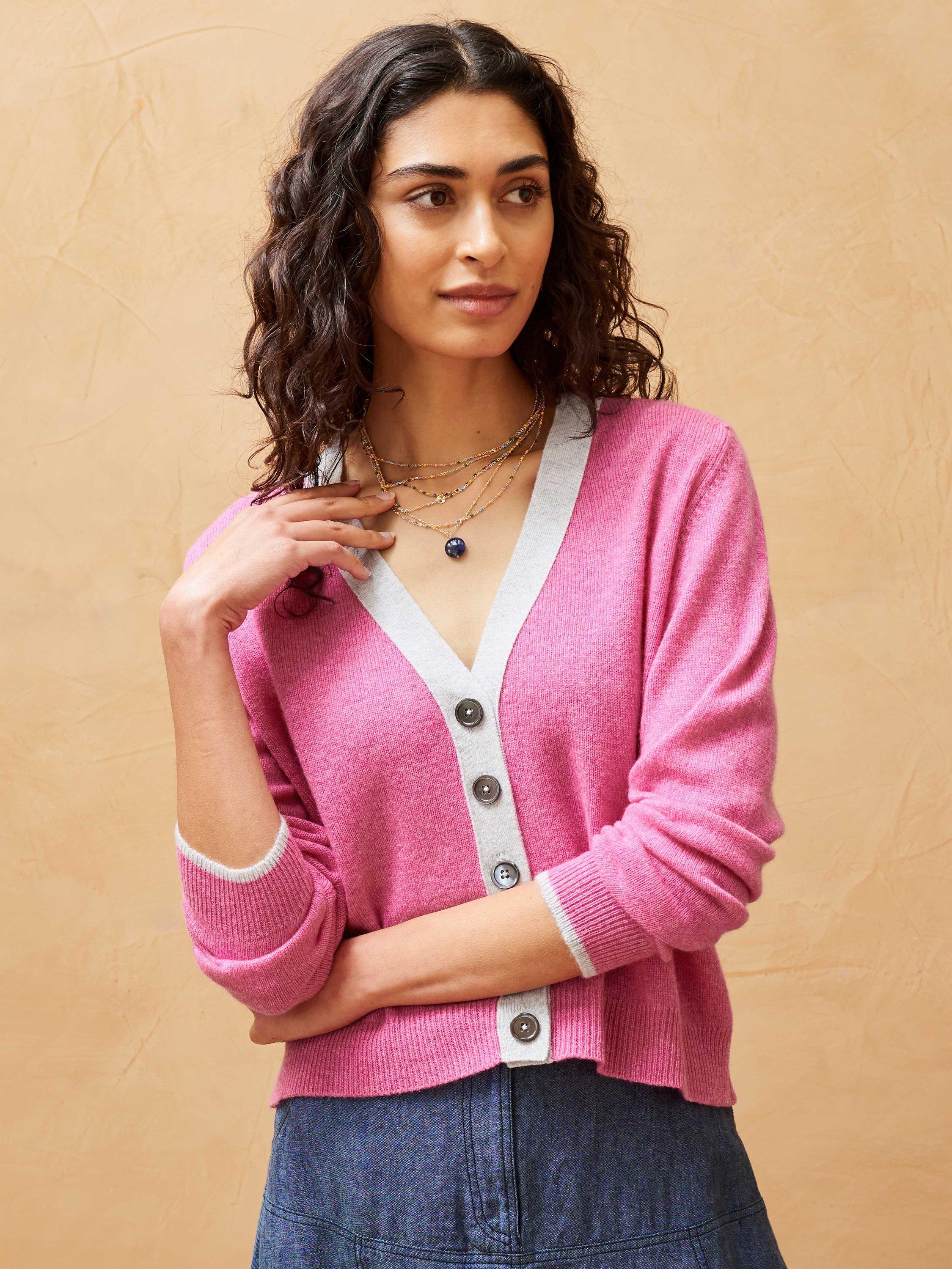 Brora Cashmere Contrast Trim Cardigan, Sweet Pea & Pearl