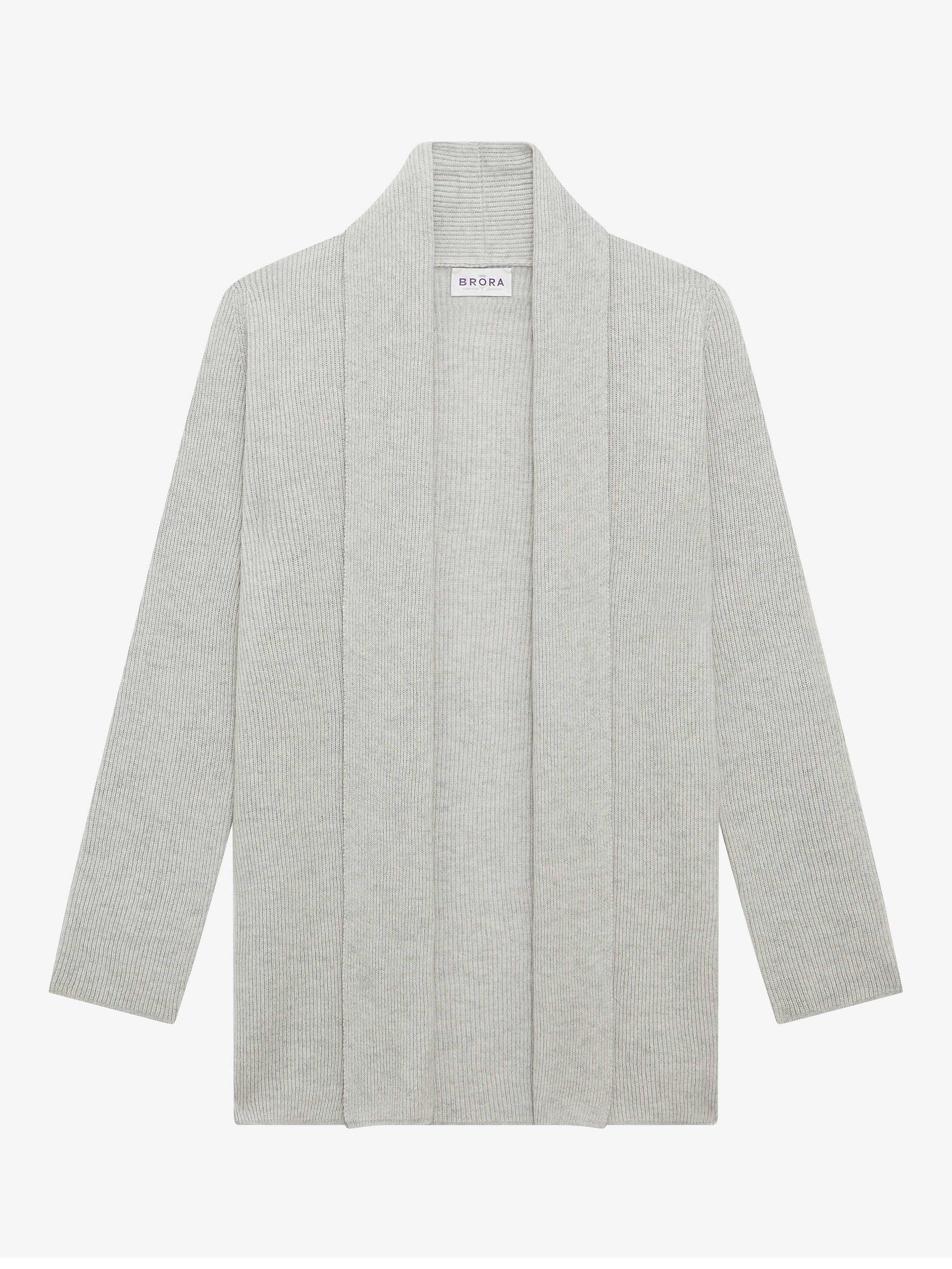 Brora Cashmere Shawl Ribbed Cardigan, Pearl, 8-10