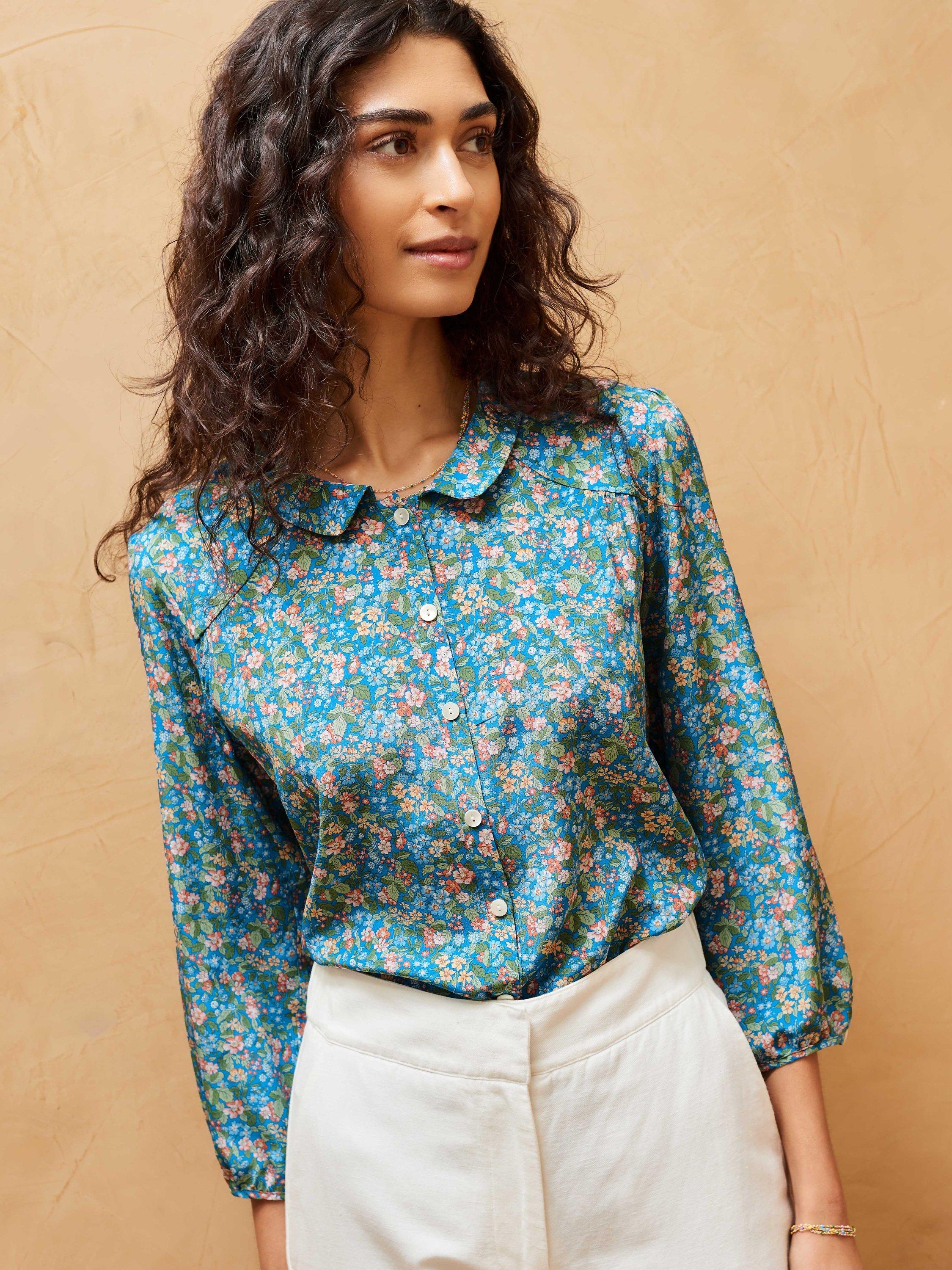Brora Liberty Print Peter Pan Collar Silk Blouse, Aqua Meadow