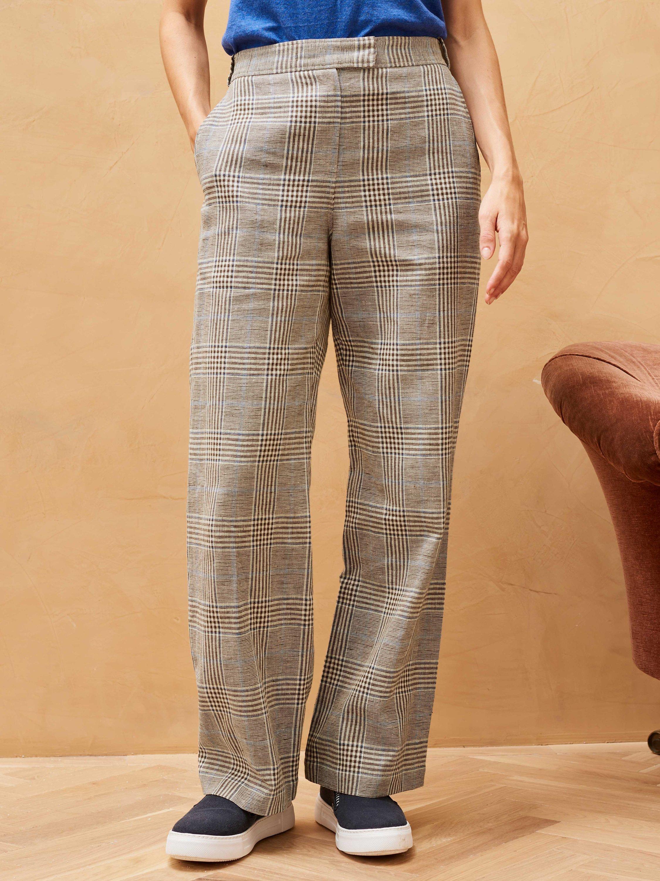 Brora Heritage Check Cotton Linen Blend Trousers, Otter/Multi