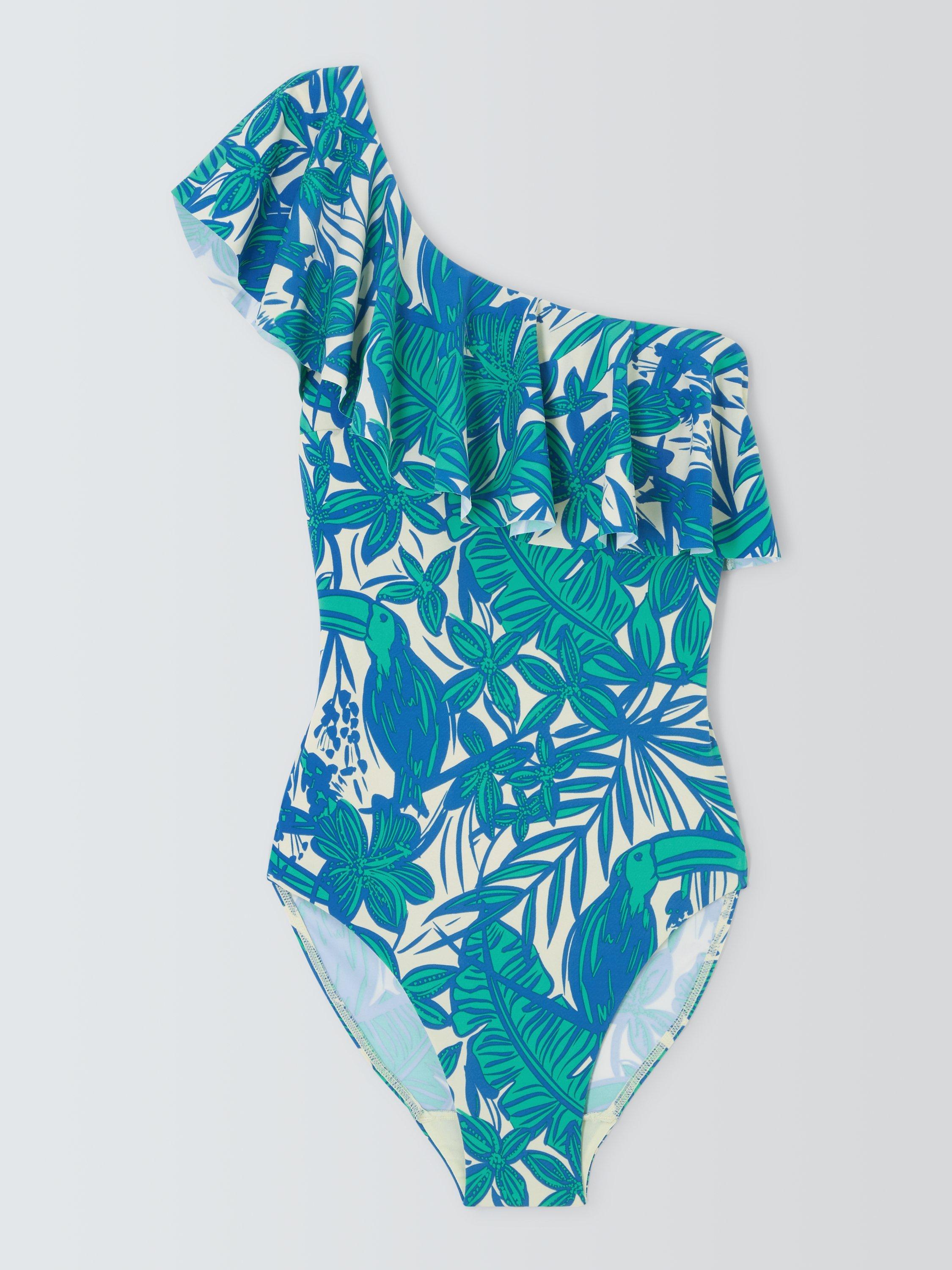 Product image 4 of 6, which shows John Lewis Birds of Paradise Frill Off The Shoulder Swimsuit, White/Multi, 12