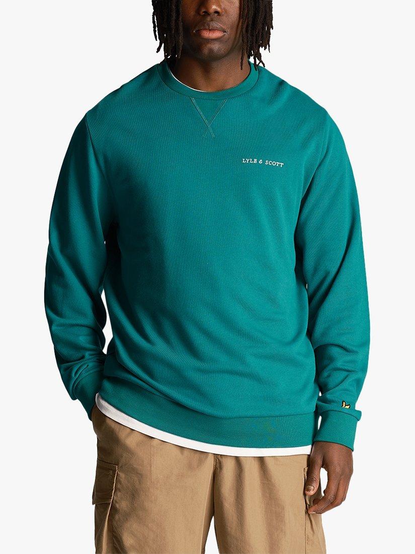 Product image 1 of 5, which shows Lyle & Scott Loopback Embroidered Crew Neck Sweatshirt, Court Green, XS