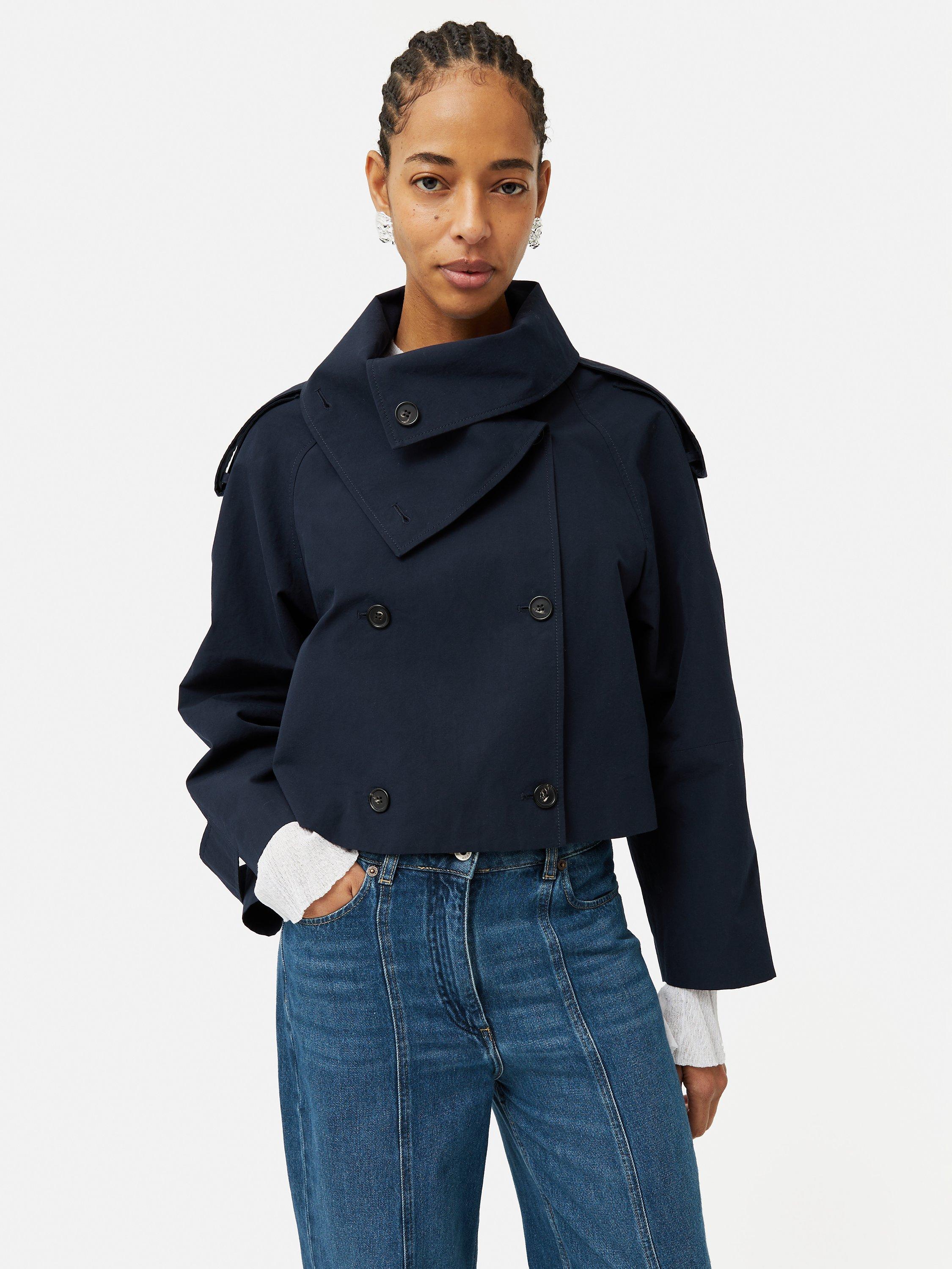 Jigsaw Double Breasted Cropped Trench Coat Blue