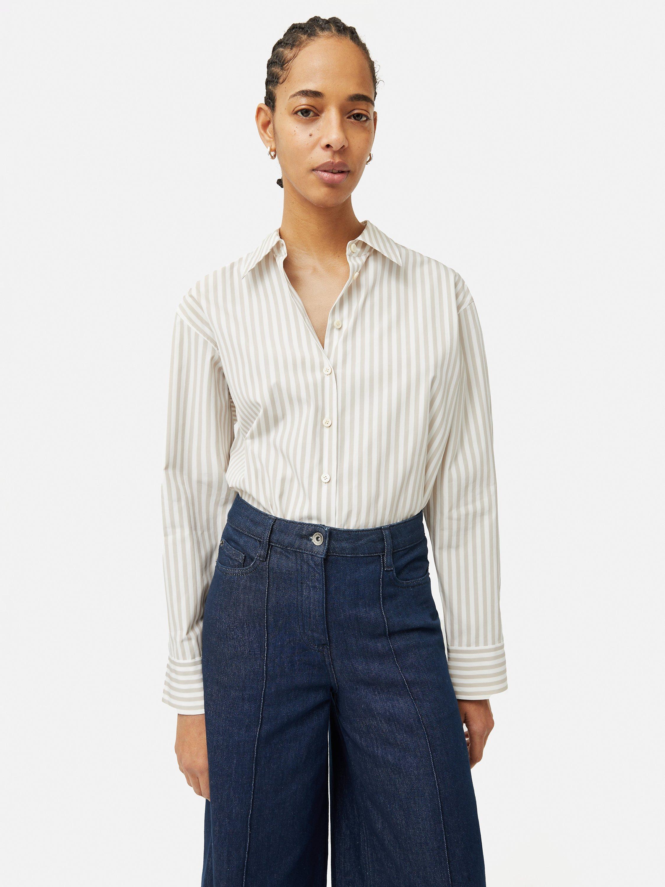 Jigsaw Cotton Poplin Stripe Shirt, White/Taupe