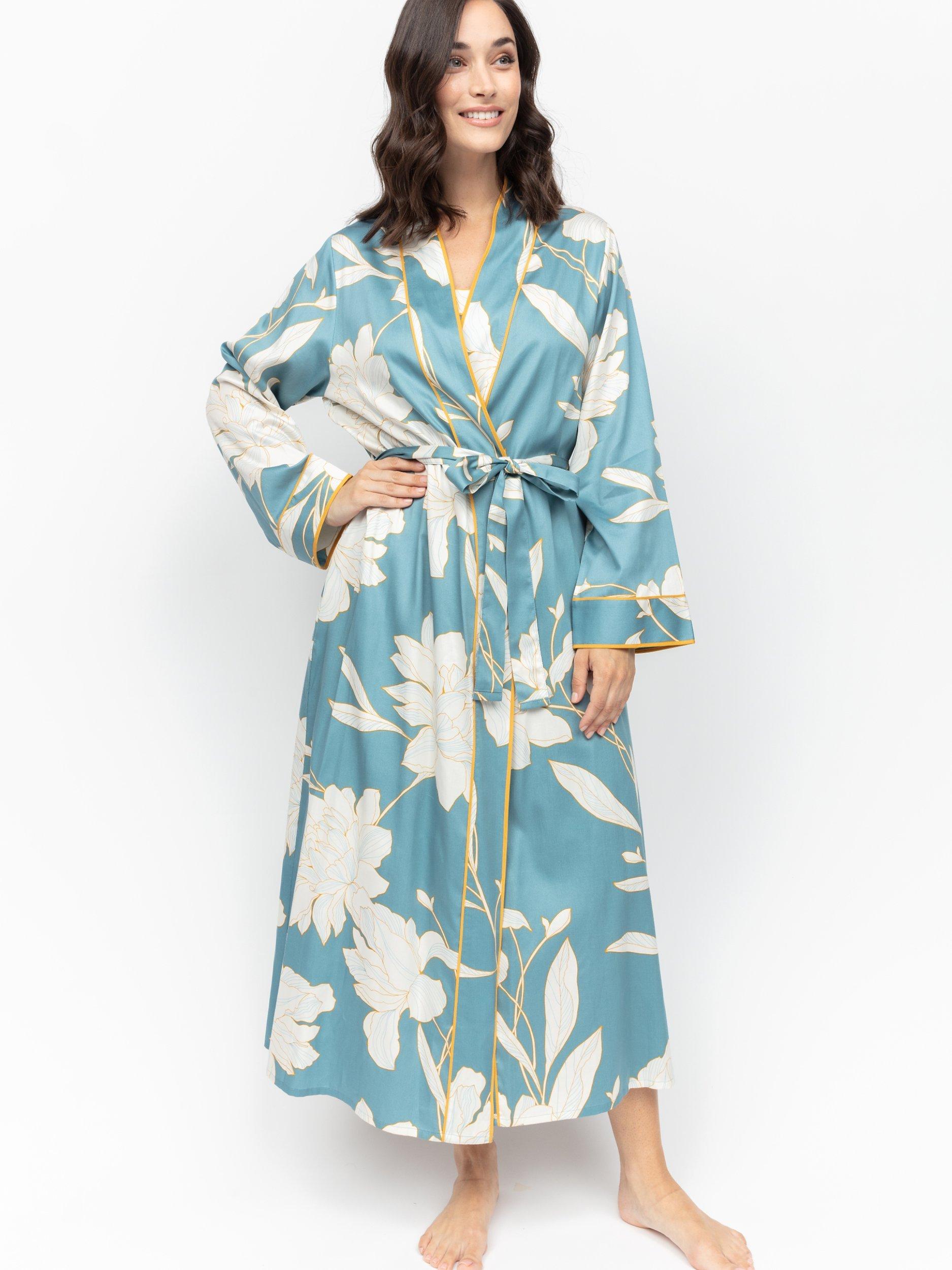 Product image 2 of 4, which shows Fable & Eve Greenwich Floral Dressing Gown, Cerulean Blue, 8